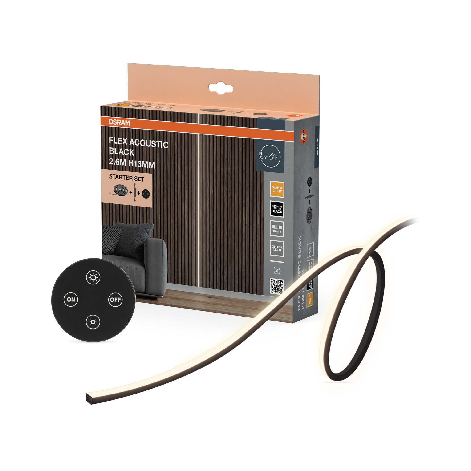 Fotografie Pachet banda LED si telecomanda OSRAM pentru riflaje 29W, 260lm, lumina calda (3000K), alimentare priza, lungime 2600mm, inaltime 13mm, IP20, Negru.