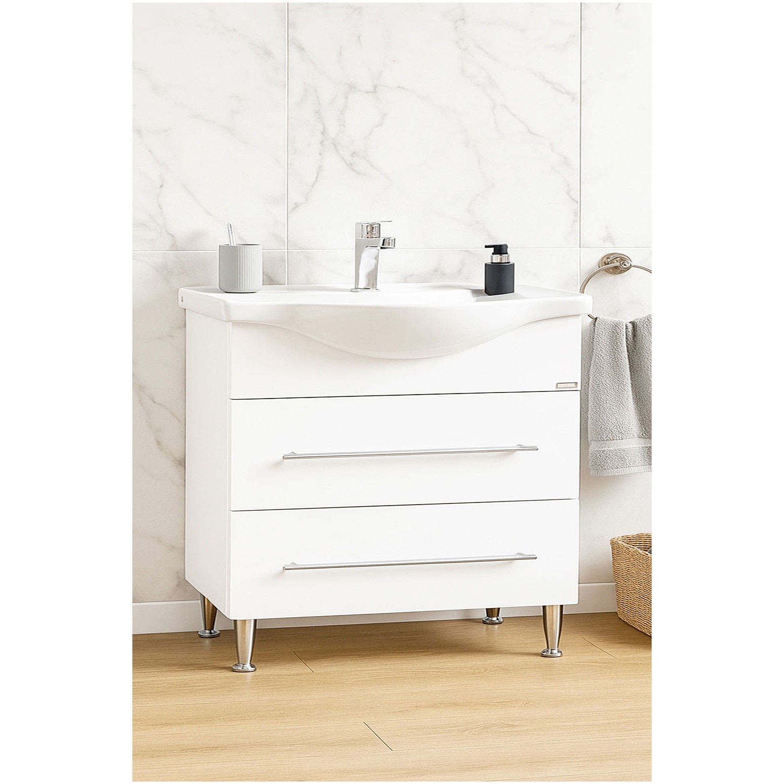 Fotografie Pachet baza mobilier baie si lavoar (chiuveta) Badenmob 187, front MDF vopsit, laterale PAL, 80cm, alb