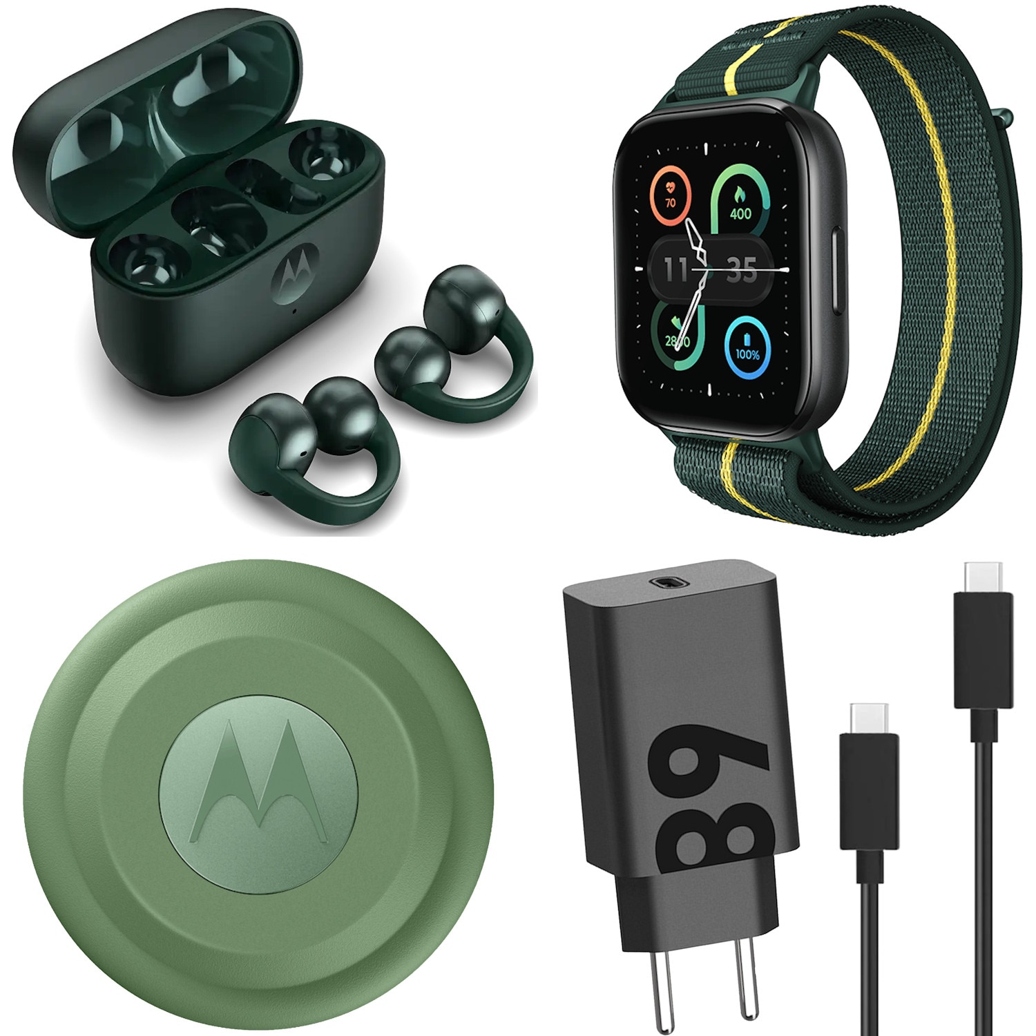Fotografie Pachet Casti bluetooth stereo Moto Buds Loop + Smartwatch Motorola Moto Watch Fit +Tracker Moto Tag + Incarcator retea TurboPower 68W