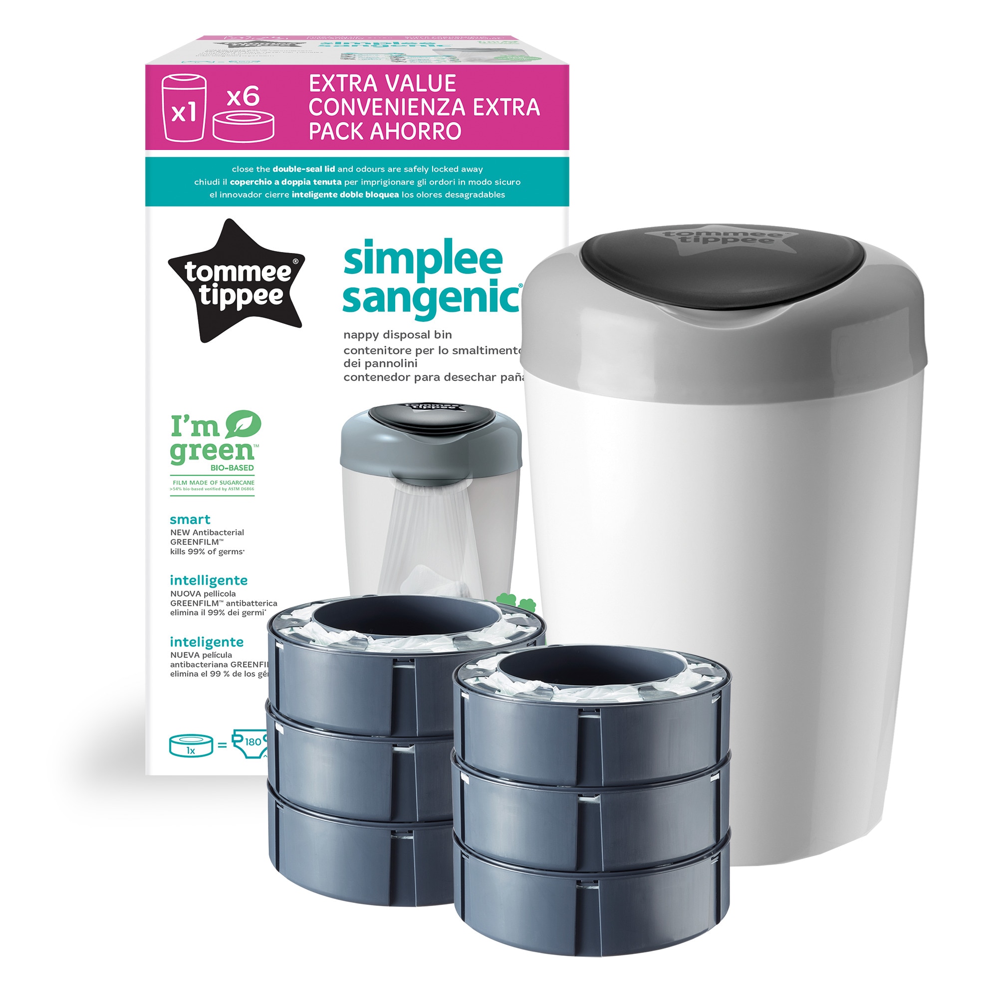 Fotografie Pachet Cos pentru scutece + 6 Rezerve Tommee Tippee Sangenic Simplee Reciclabil, Alb/Gri