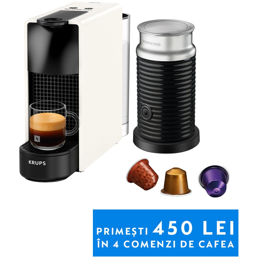 Fotografie Pachet Espressor Nespresso by Krups Essenza Mini XN110110, 1100W, 19 Bar, 0.6 L, Alb + Aparat spumare lapte Aeroccino 3, 1450 W, Negru, set capsule degustare inclus
