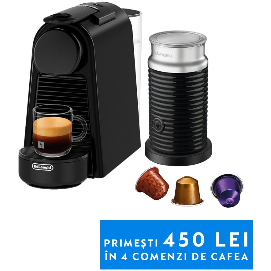 Fotografie Pachet Espressor Nespresso De'Longhi Essenza Mini Black, 19 bari, 1260 W, 0.6 l + Aparat pentru spumare lapte AEROCCINO 3 Black 410W, set capsule degustare inclus
