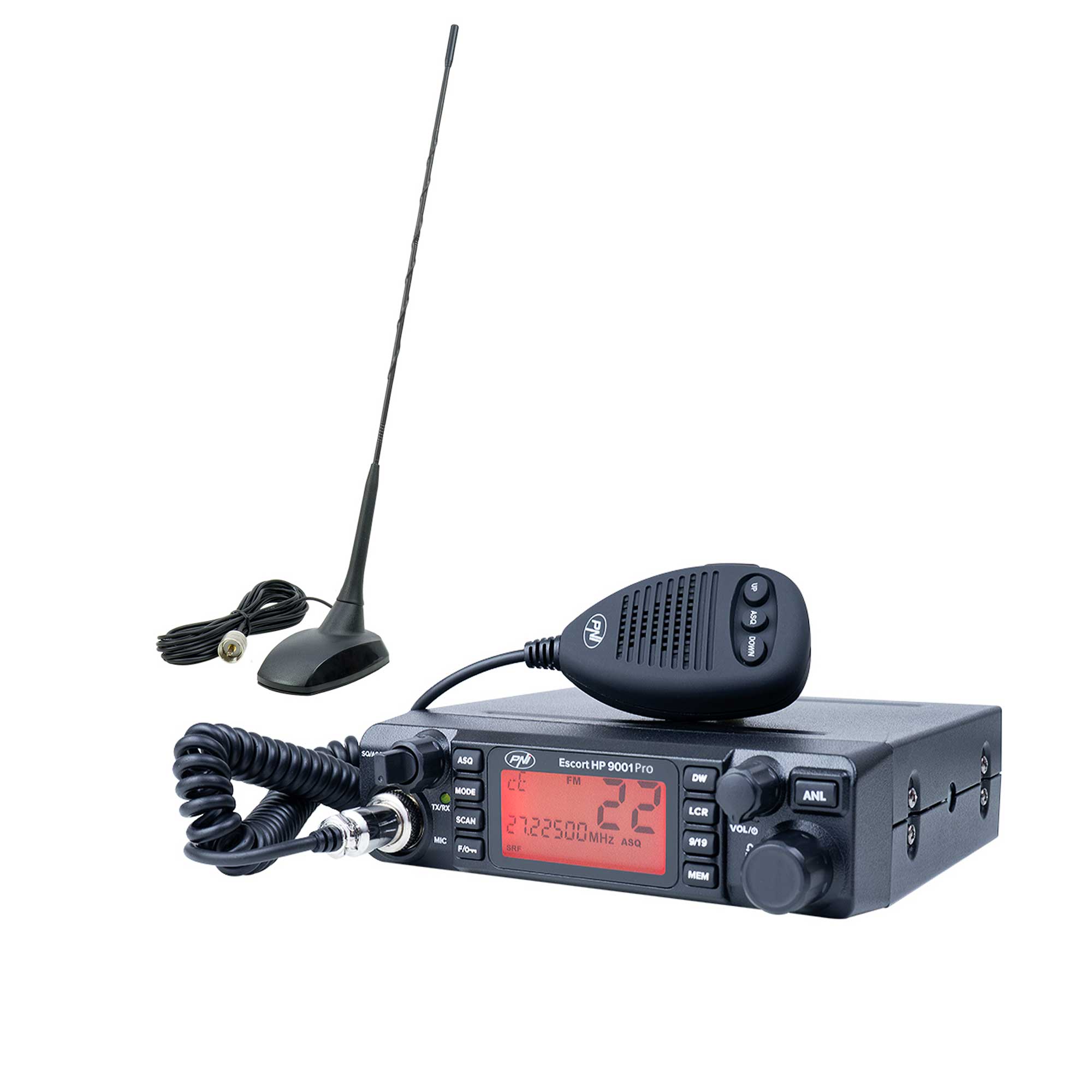 Fotografie Pachet statie radio CB PNI ESCORT HP 9001 PRO ASQ reglabil, AM-FM, 12V, 4W + Antena CB PNI Extra 48 cu magnet inclus, 45 cm, 150W, SWR 1.0