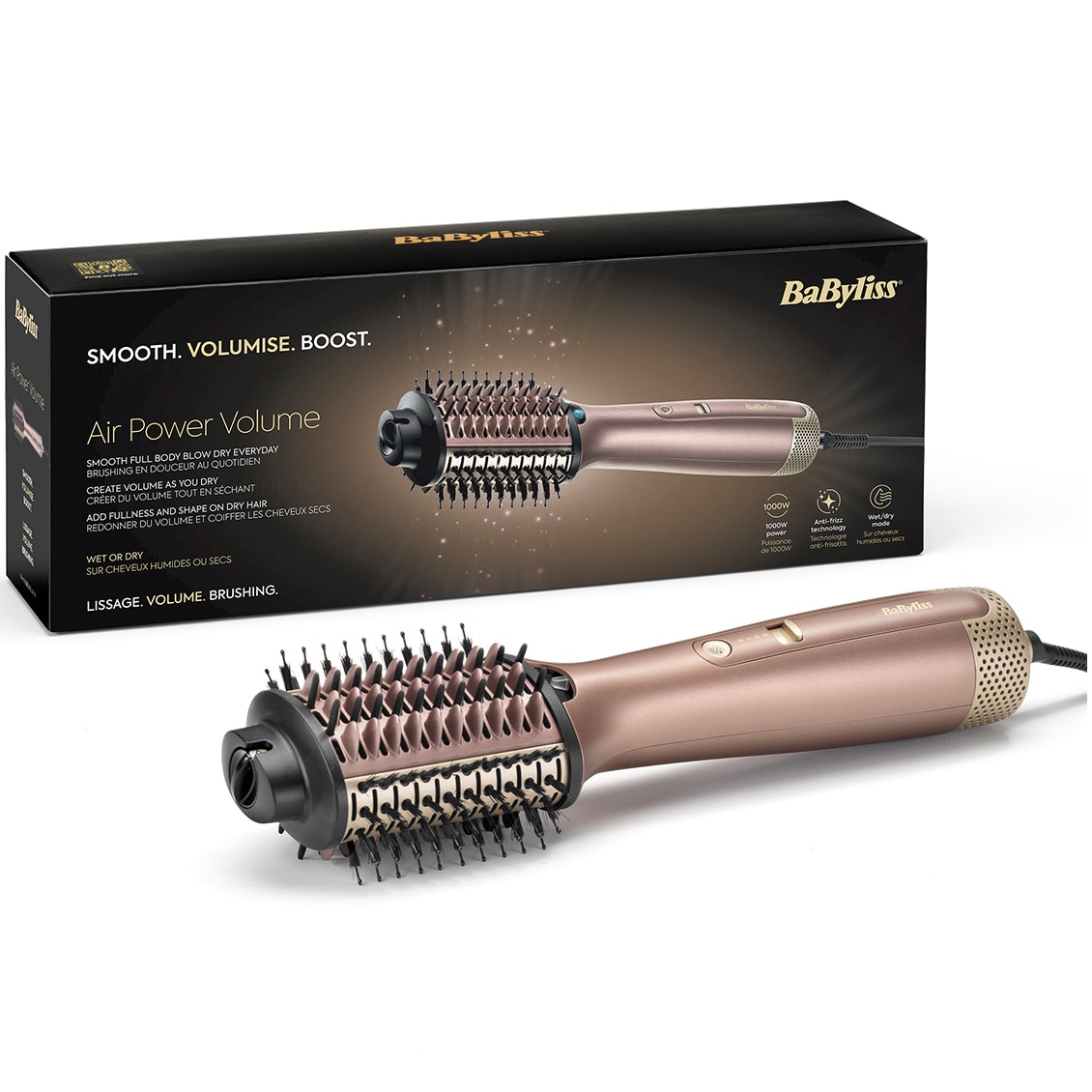 Fotografie Perie cu aer cald BaByliss Air Power Volume AS95E 1000W, 3 trepte de temperatura, 2 trepte de viteza, roz