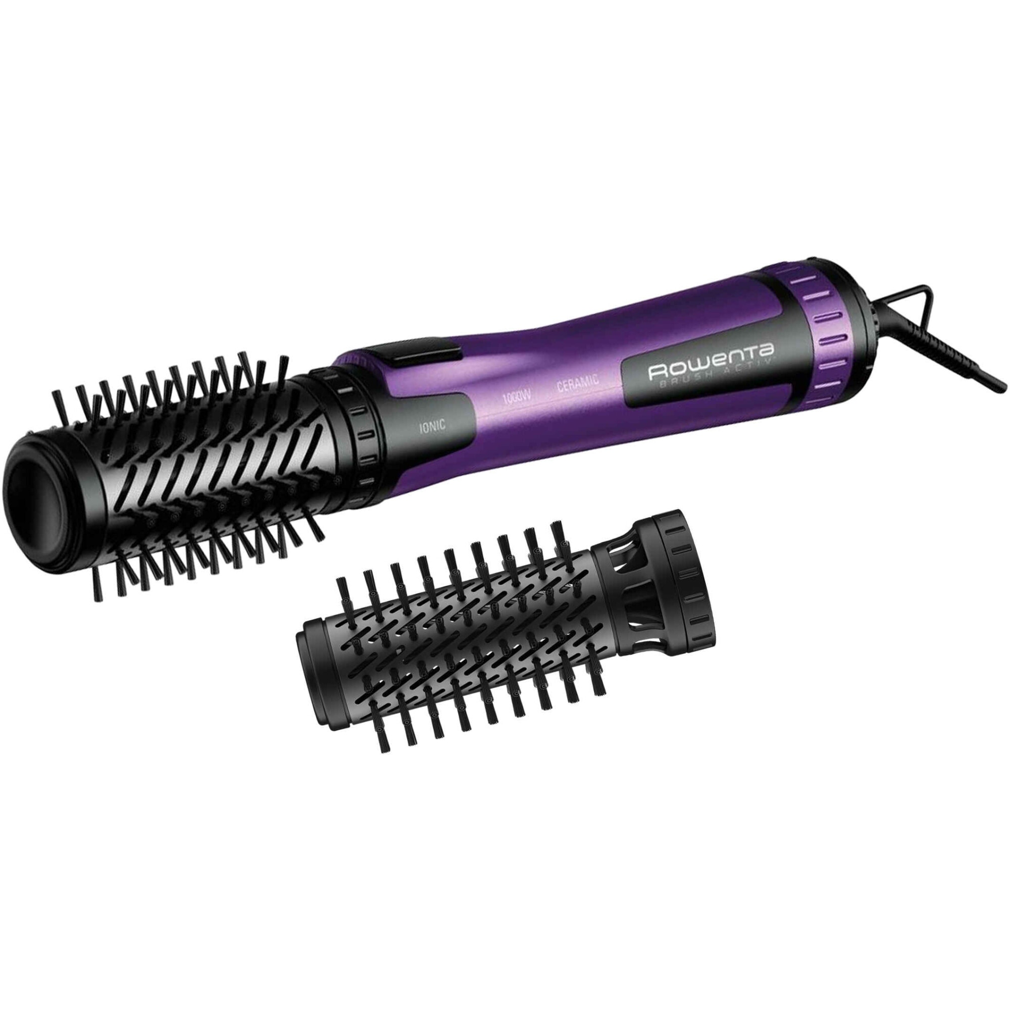 Fotografie Perie rotativa cu aer cald Rowenta Brush Activ' CF9525F0, 1000W, 2 perii rotative, 2 trepte de temperatura si viteza, functie jet de aer rece, generator de ioni, invelis ceramic, rotire alternativa, lungime cablu 1.8m, negru & violet