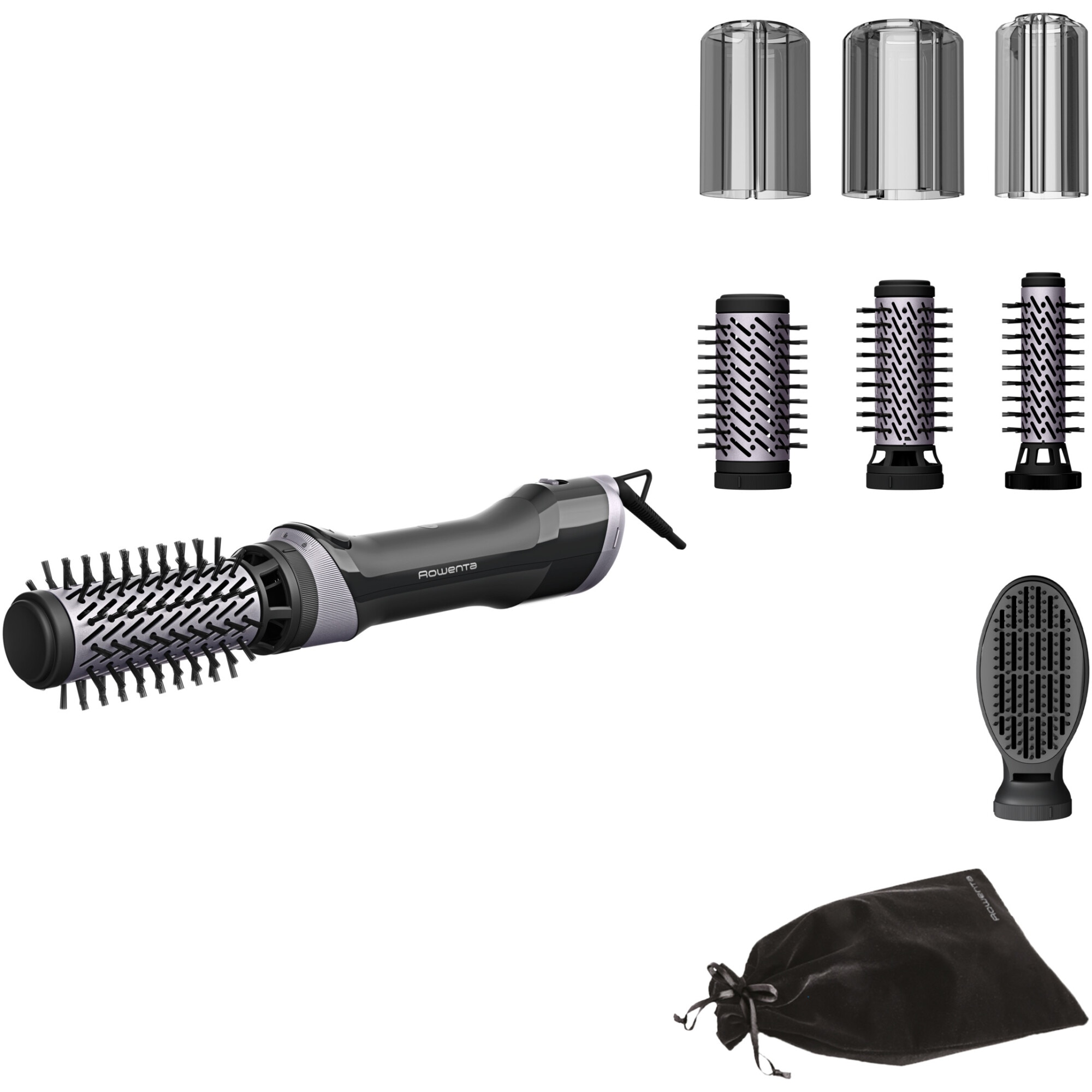 Fotografie Perie rotativa cu aer cald Rowenta Brush Activ UB9534F0, 1000W, 2 trepte de viteza/temperatura, 2 perii rotative 40/50mm, 1 perie de 30 mm, 1 perie paddle, husa inclusa, functie jet de aer rece, generator de ioni, invelis ceramic, negru & argintiu