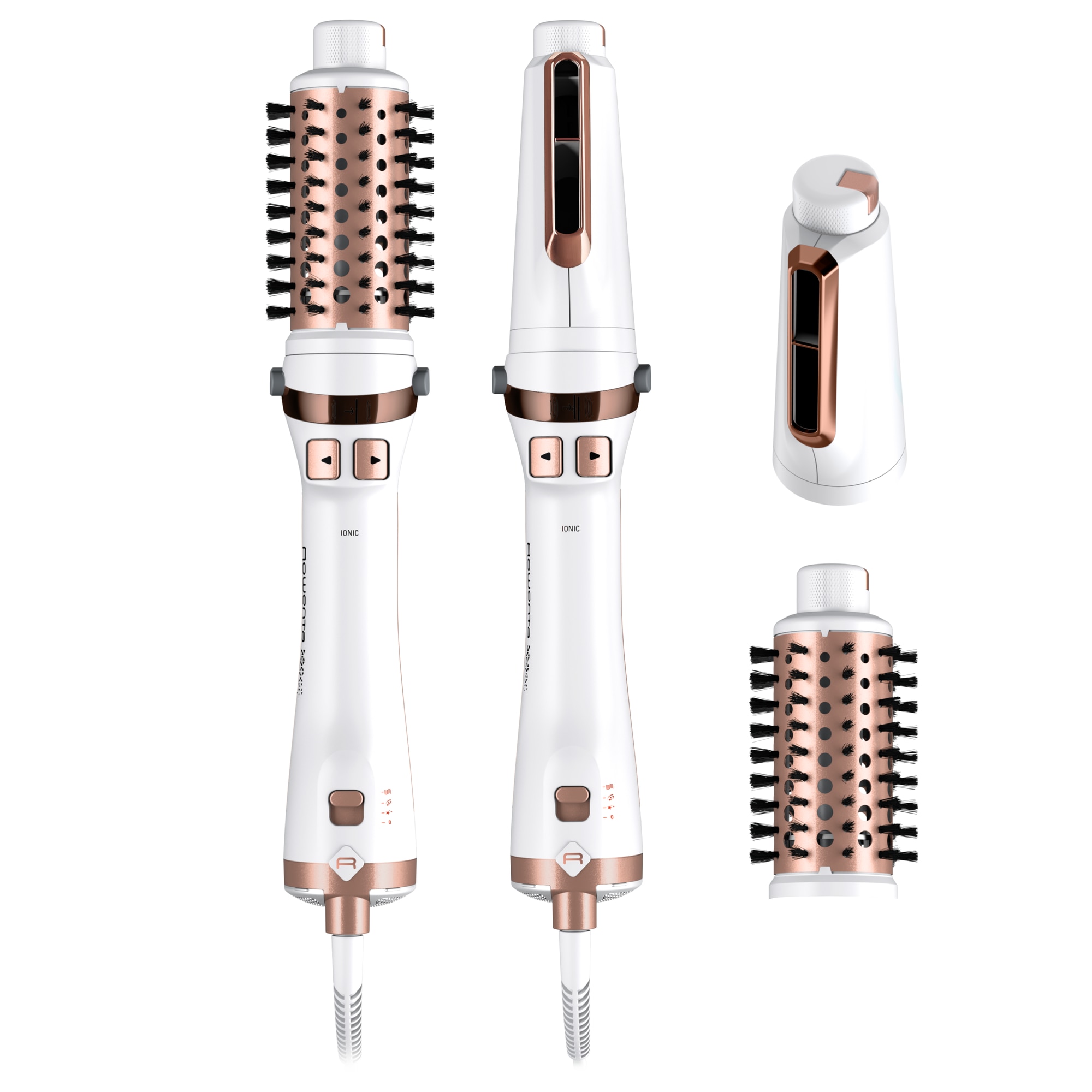 Fotografie Perie rotativa cu aer cald Rowenta Brush Activ Ultimate Care CF9720F0, tehnologie Careful Heat, invelis quart ceramic si tehnologie Ionic Booster, design compact si ergonomic, 3 trepte de temperatura/viteza, concentrator pentru pre-uscare, Alb
