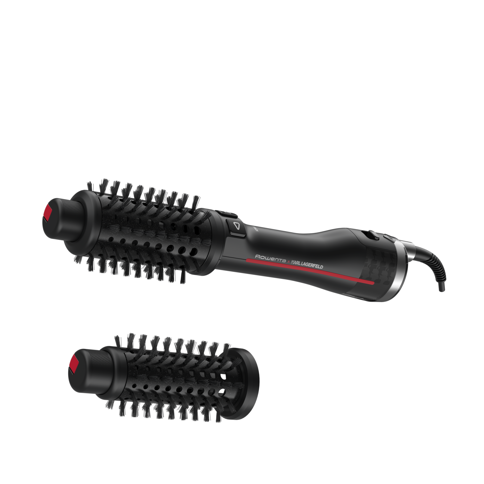 Fotografie Perie rotativa cu aer cald Rowenta x Karl Lagerfeld Pro Stylist CF961LF0, 750W, tehnologie Pro Dual Motion, generator de ioni, invelis exclusiv Keratin & Glow, cablu 1.8m, negru&rosu