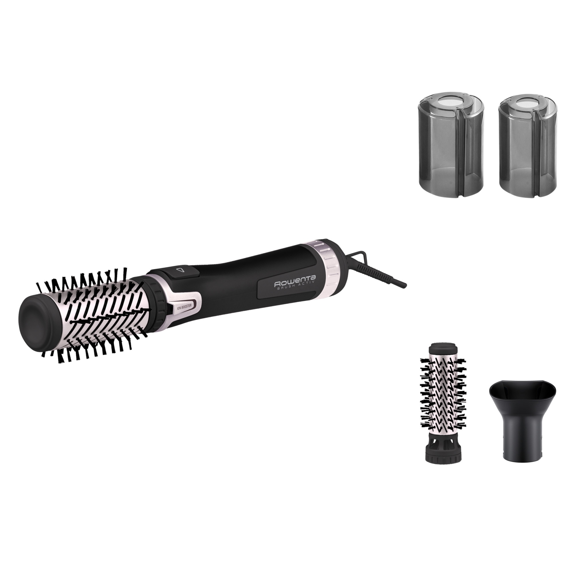 Fotografie Perie rotativa Rowenta Brush Activ'Dry & Style CF9550F0, 1000 W, 3 accesorii, 3 trepte de temperatura/viteza, duza pre-uscare, invelis ceramic, generator dublu de ioni, jet de aer rece, inel pentru agatare, negru