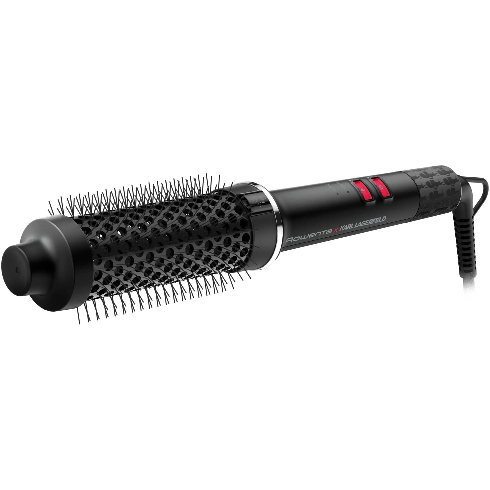 Fotografie Perie termica Rowenta x Karl Lagerfeld Powerbrush UB572LE0, 55 W, 2 trepte temperatura, diametru 38 mm, non-rotativa, invelis ceramic, generator de ioni, varf rece, inel de agatare, negru & rosu