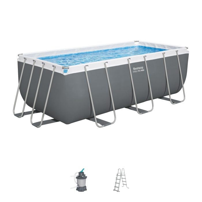 Fotografie Piscina dreptunghiulara Bestway, Steel Pro MAX Frame, sistem de filtrare cu nisip si scara, cadru metalic, gri, 412 x 201 x 122 cm