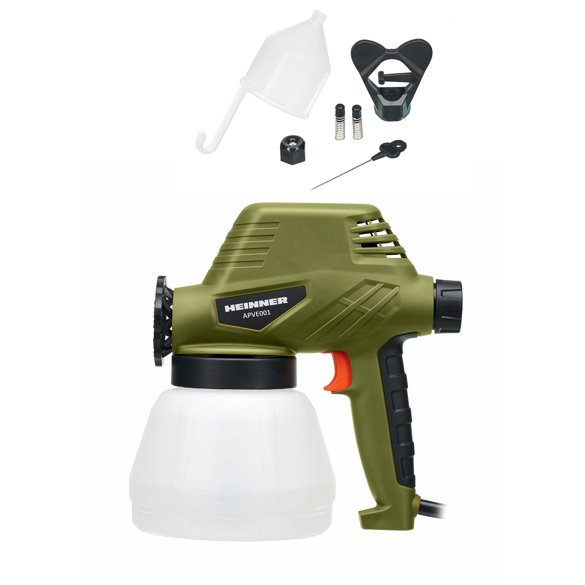 Fotografie Pistol de vopsit Heinner APVE001, 110 W, 300 ml/min debit, 80 din/sec vascozitate, 1300 ml capacitate rezervor, accesorii incluse
