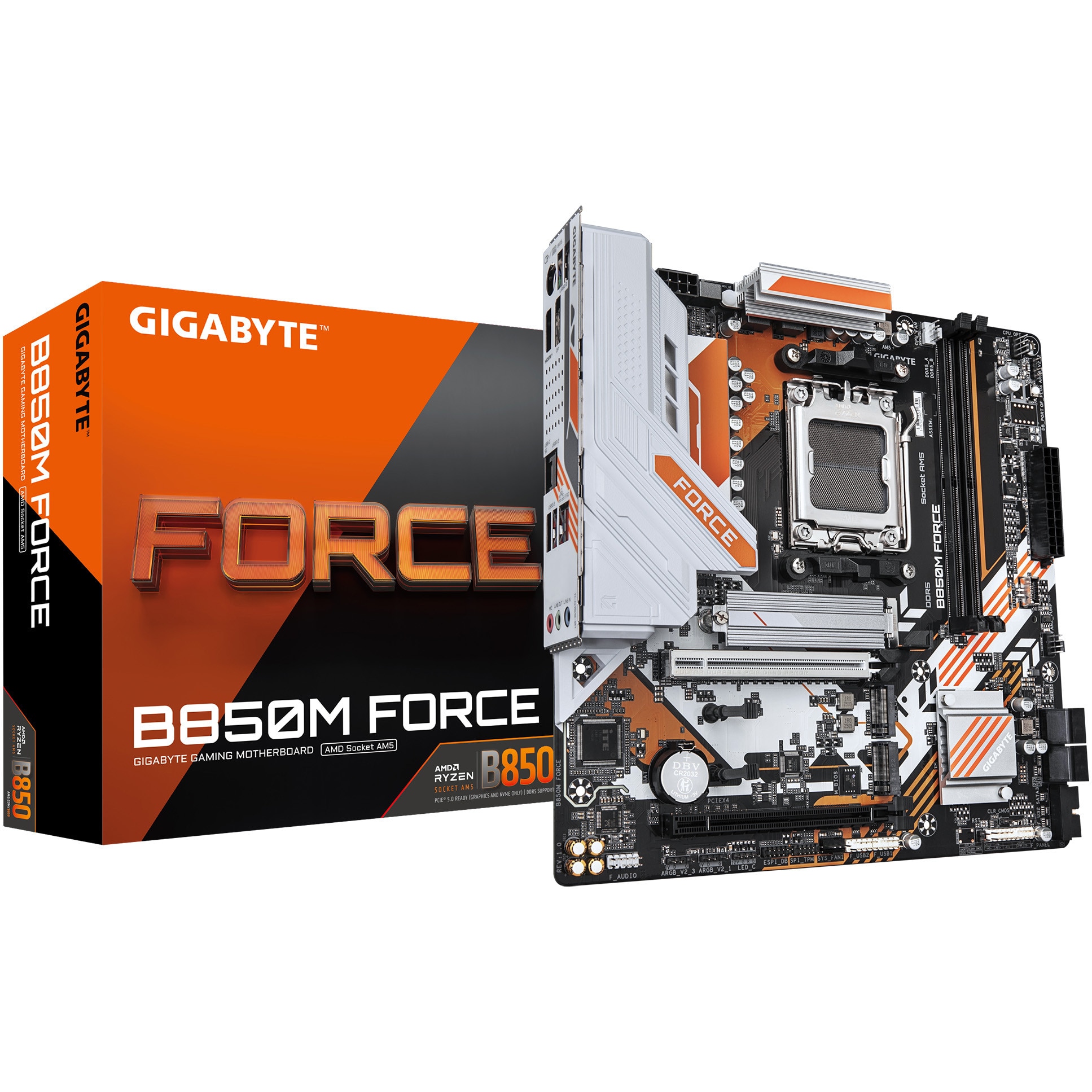 Fotografie Placa de baza Gigabyte B850M FORCE, AM5, DDR5, mATX, Alb/Portocaliu