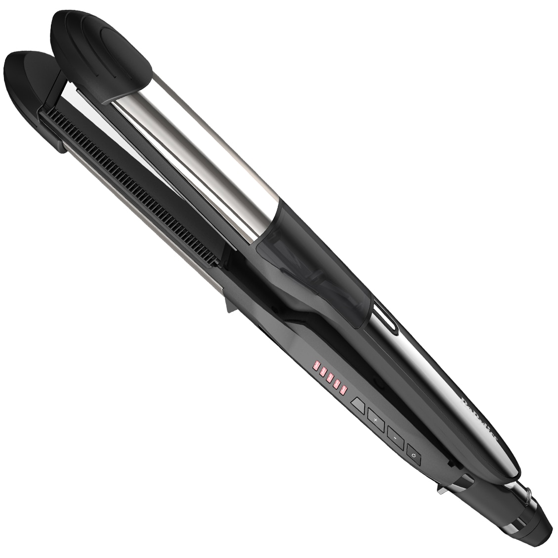 Fotografie Placa de indreptat parul BaByliss Ultra Sonic Steam ST495E, 39 x110 mm, Ionizare, 5 trepte temperatura 150°-230°C, functie Steam, oprire automata, suport, Inox