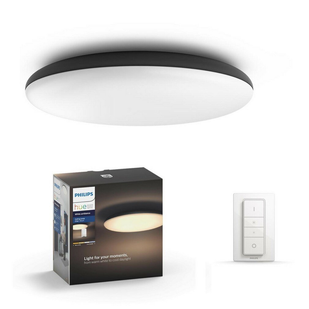 Fotografie Plafoniera LED integrat Philips Cher Hue, ZigBee Light Link, Bluetooth, 33.5W (204W), 3000 lm, lumina ambianta alba (2200-6500K), 47.5 cm, Negru, Intrerupator cu variator inclus