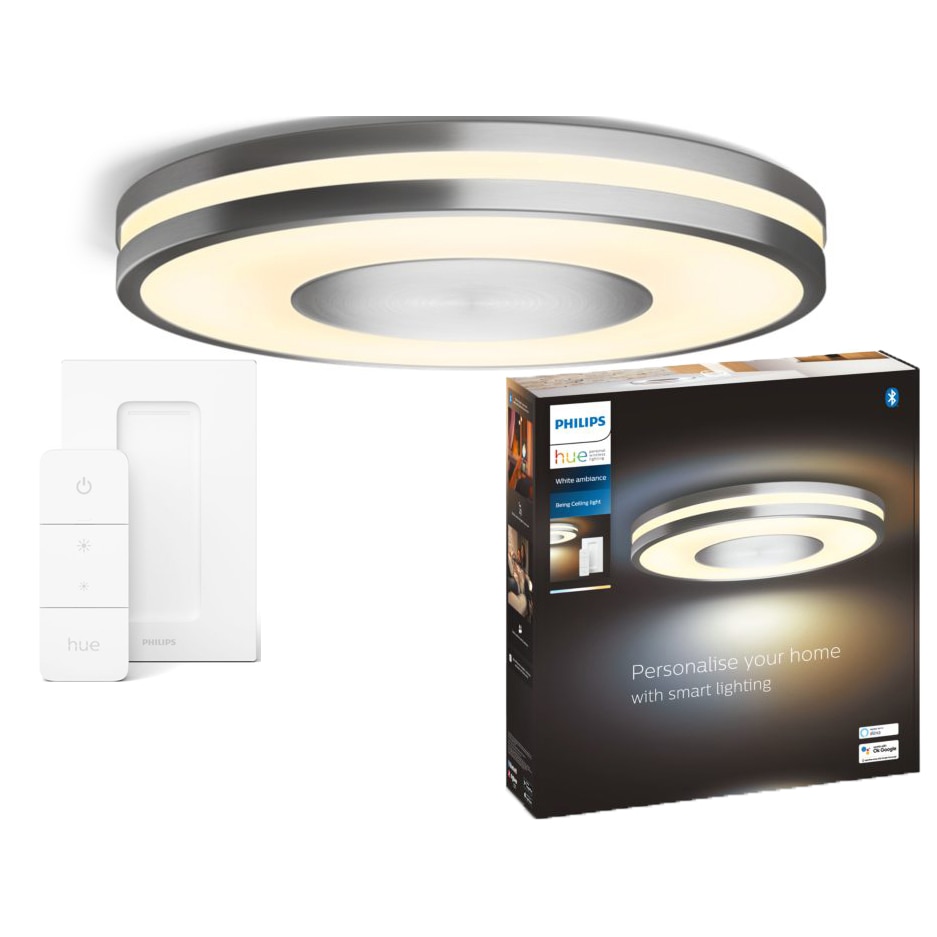 Fotografie Plafoniera LED inteligenta Philips Hue Being, Bluetooth, ZigBee Light Link, 22.5W (204W), 2500 lm, lumina ambianta alba (2200-6500K), 34.8cm, metal/plastic, Argintiu, Intrerupator cu variator inclus, clasa energetica F