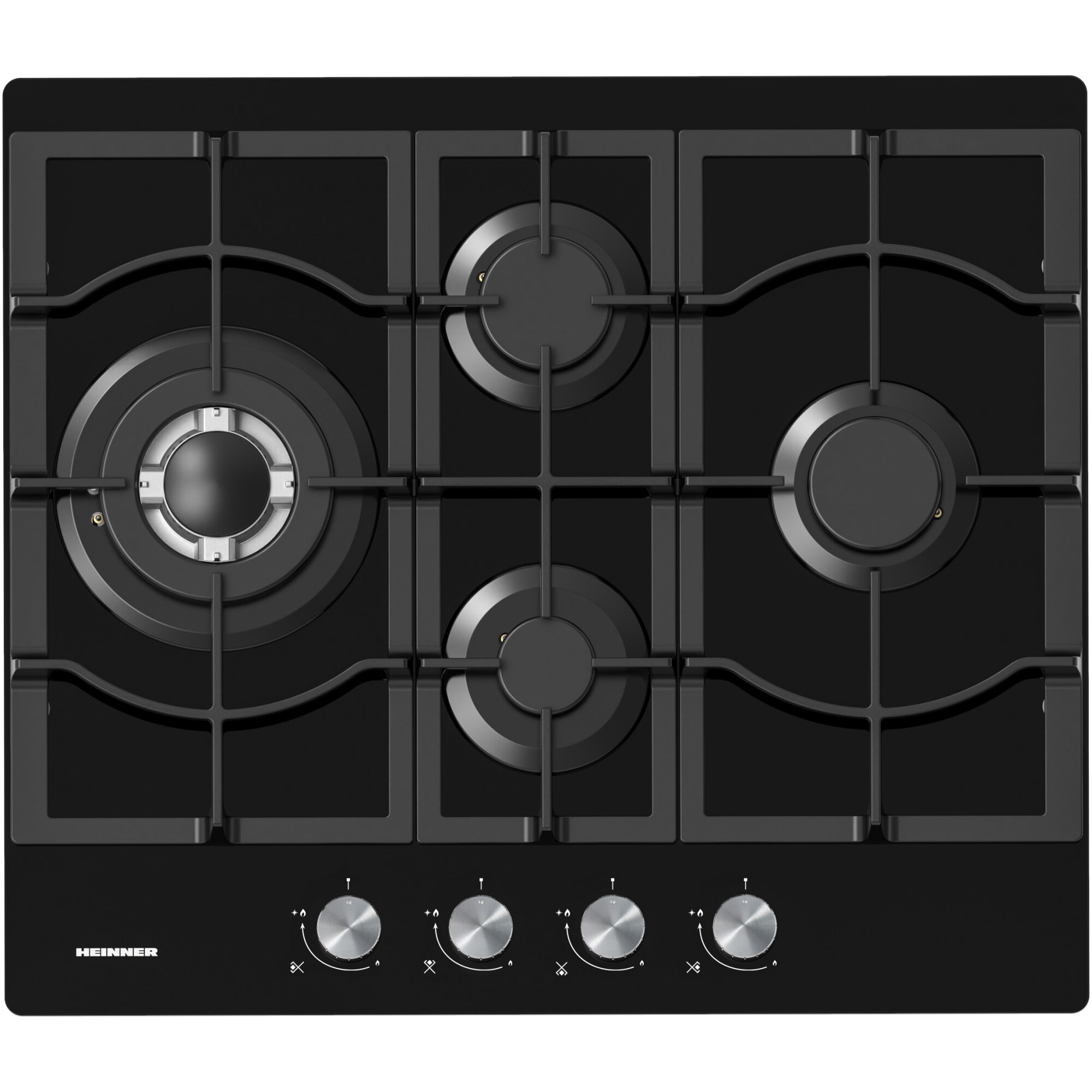 Fotografie Plita incorporabila Heinner HBH-M452IWFGBK, Gaz, 4 arzatoare, Gratar fonta, Wok, Aprindere electrica, Dispozitiv de siguranta, 60 cm, Sticla neagra