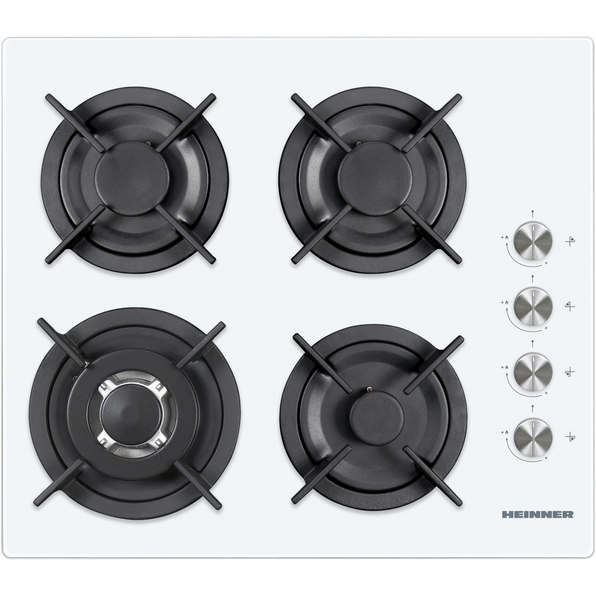 Fotografie Plita incorporabila Heinner HBH-V4IWF-GWH, Gaz, 4 Arzatoare, WOK, Gratar fonta, Aprindere electrica, Dsipozitiv de siguranta, 60 cm, Sticla Alba