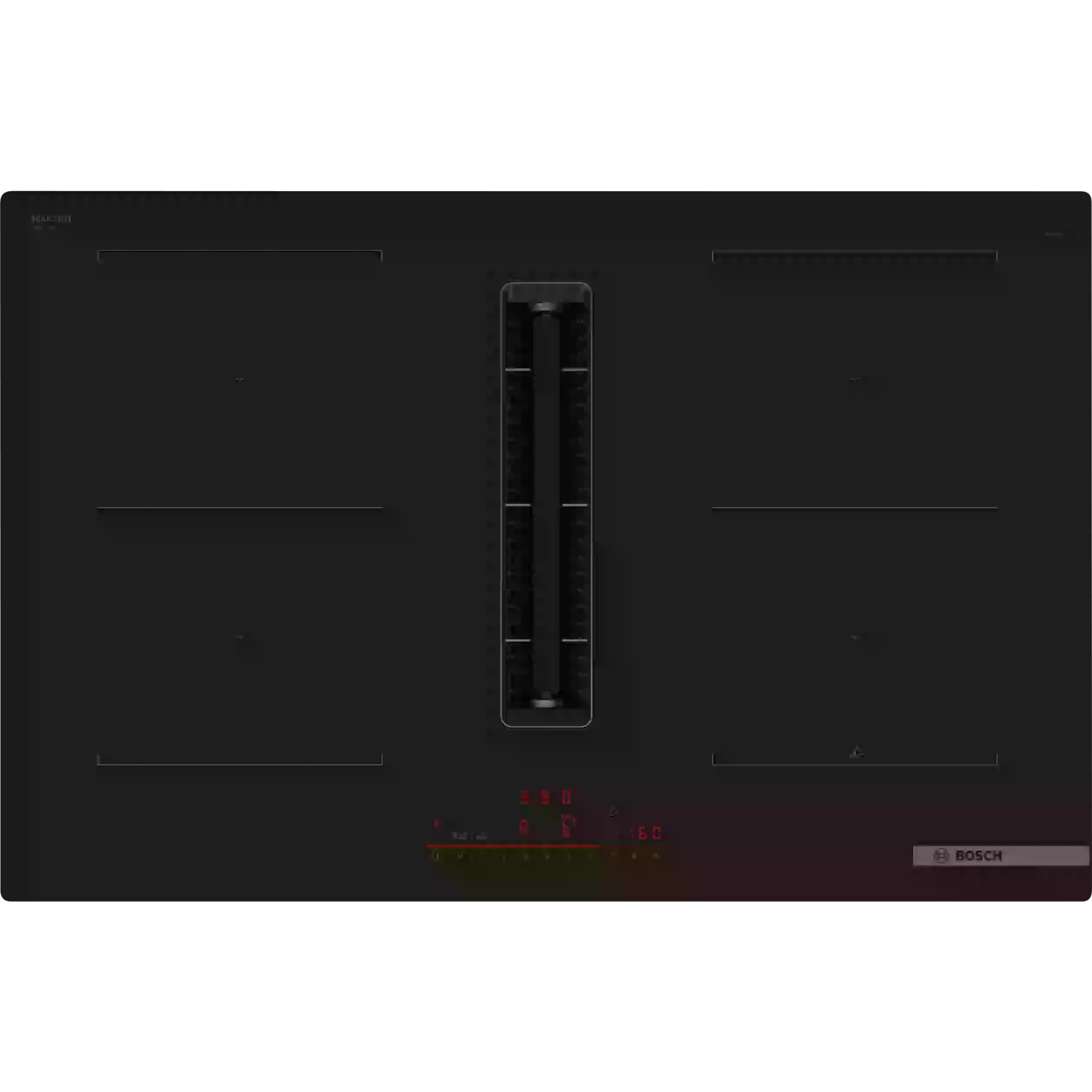 Fotografie Plita vitroceramica Bosch PVQ811H26E Serie 6 cu hota incorporata,, 4 zone de gatit cu inductie, control temperatura PerfectFry Plus, putere de extractie 622 mc/h 7400 W, 80cm, Negru