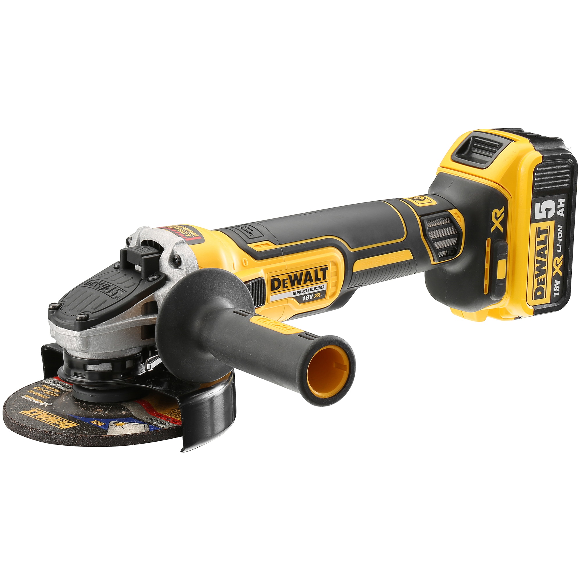 Fotografie Polizor unghiular profesional cu motor fara perii pe acumulator DeWalt DCG405P2, 18 V, 125 mm diametru disc, acumulator, incarcator