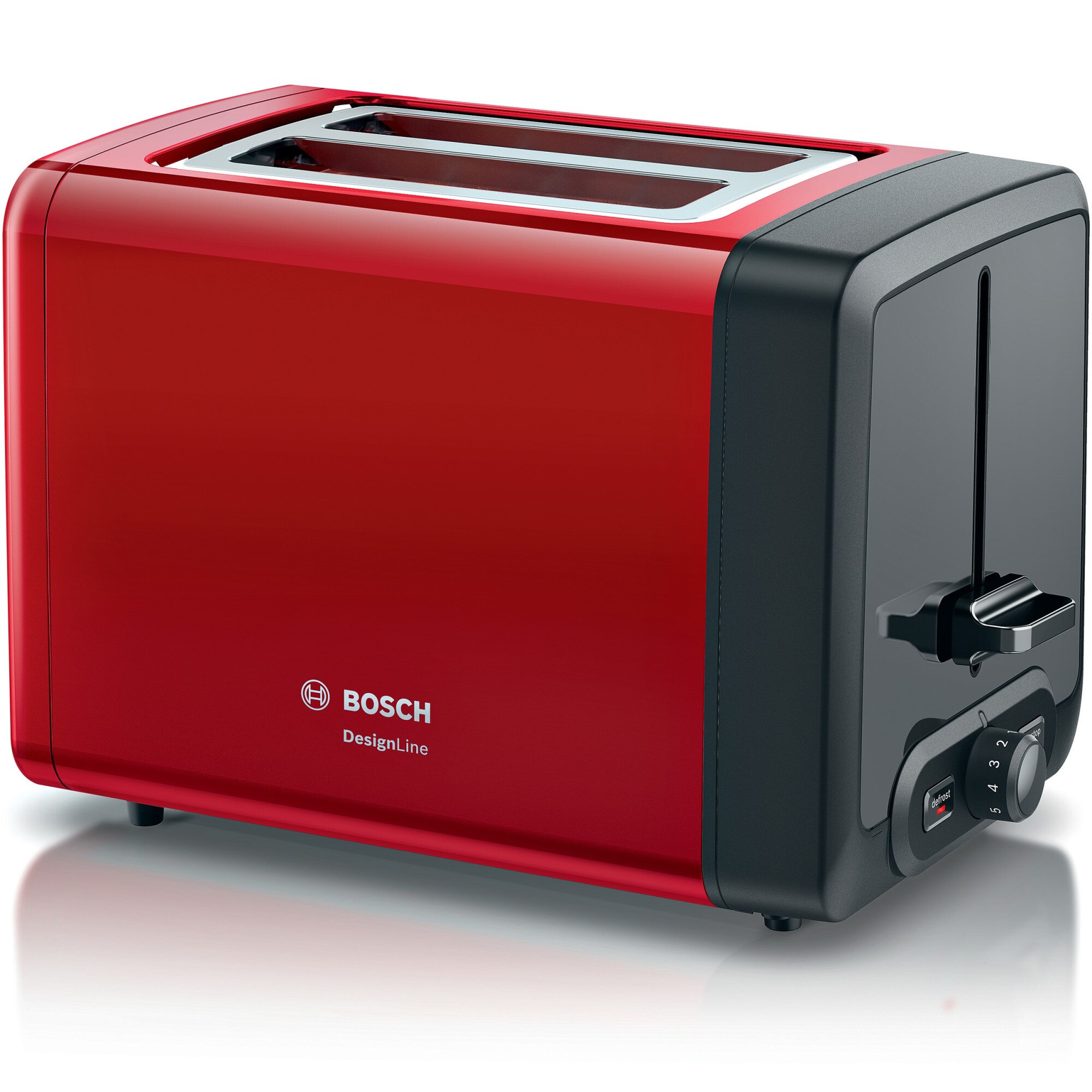 Fotografie Prajitor de paine Bosch DesignLine TAT4P424, 970W, 2 felii de paine, control variabil de rumenire, functie decongelare si incalzire, rosu