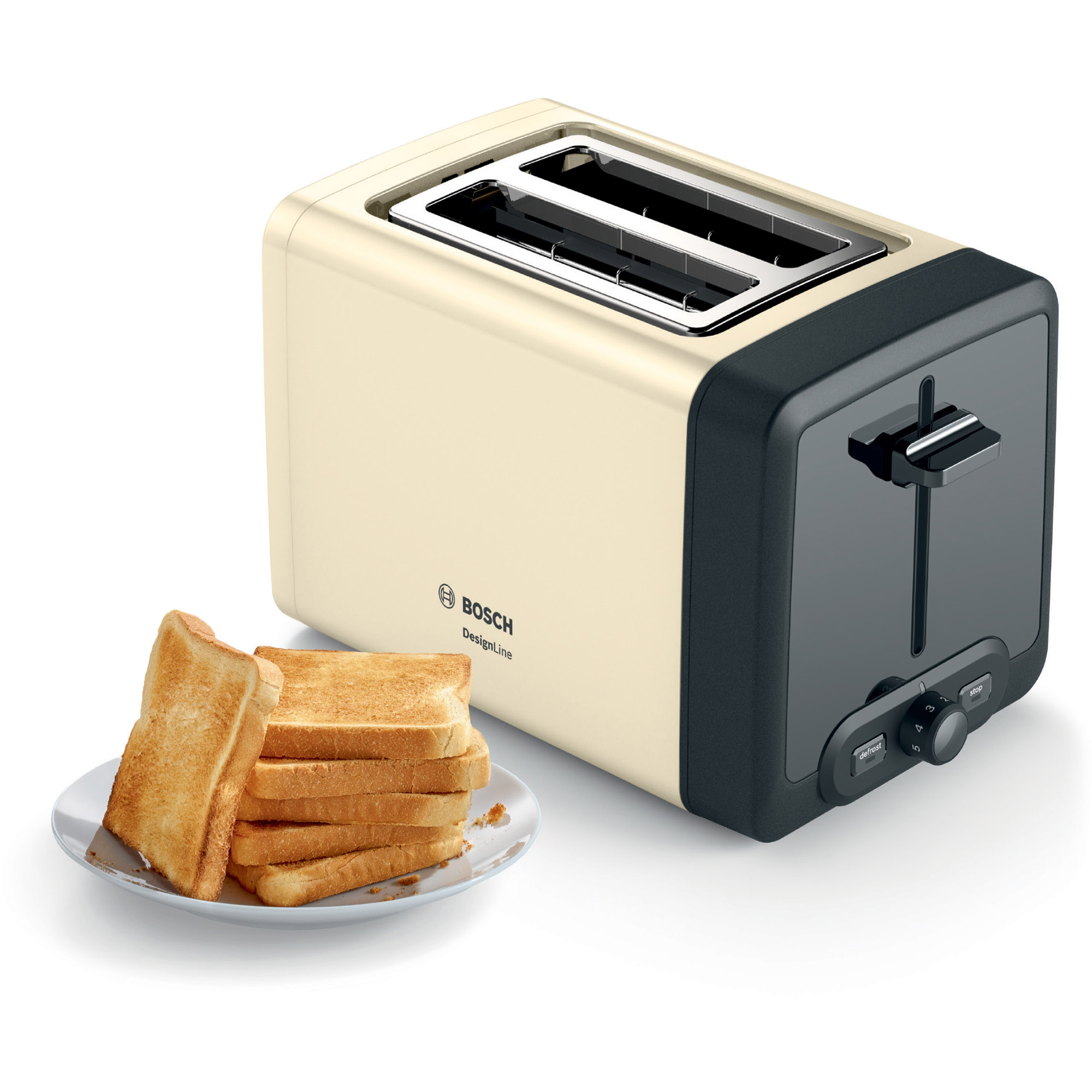 Fotografie Prajitor de paine BOSCH DesignLine TAT4P427, 2 felii, 970W, Negru/ bej