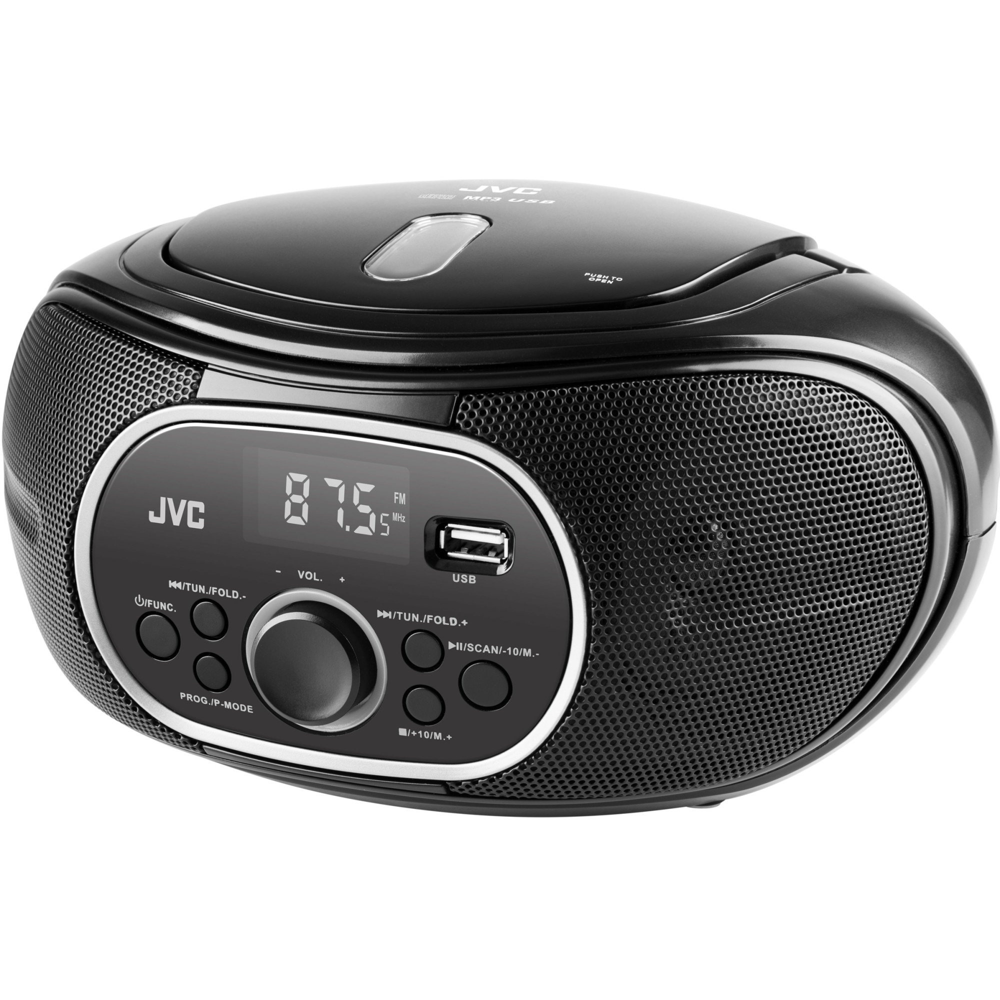 Fotografie Radio cu CD JVC RD-E221B, 2 x 1.3 W RMS, FM/USB/MP3, AUX IN, iesire pentru casti, negru