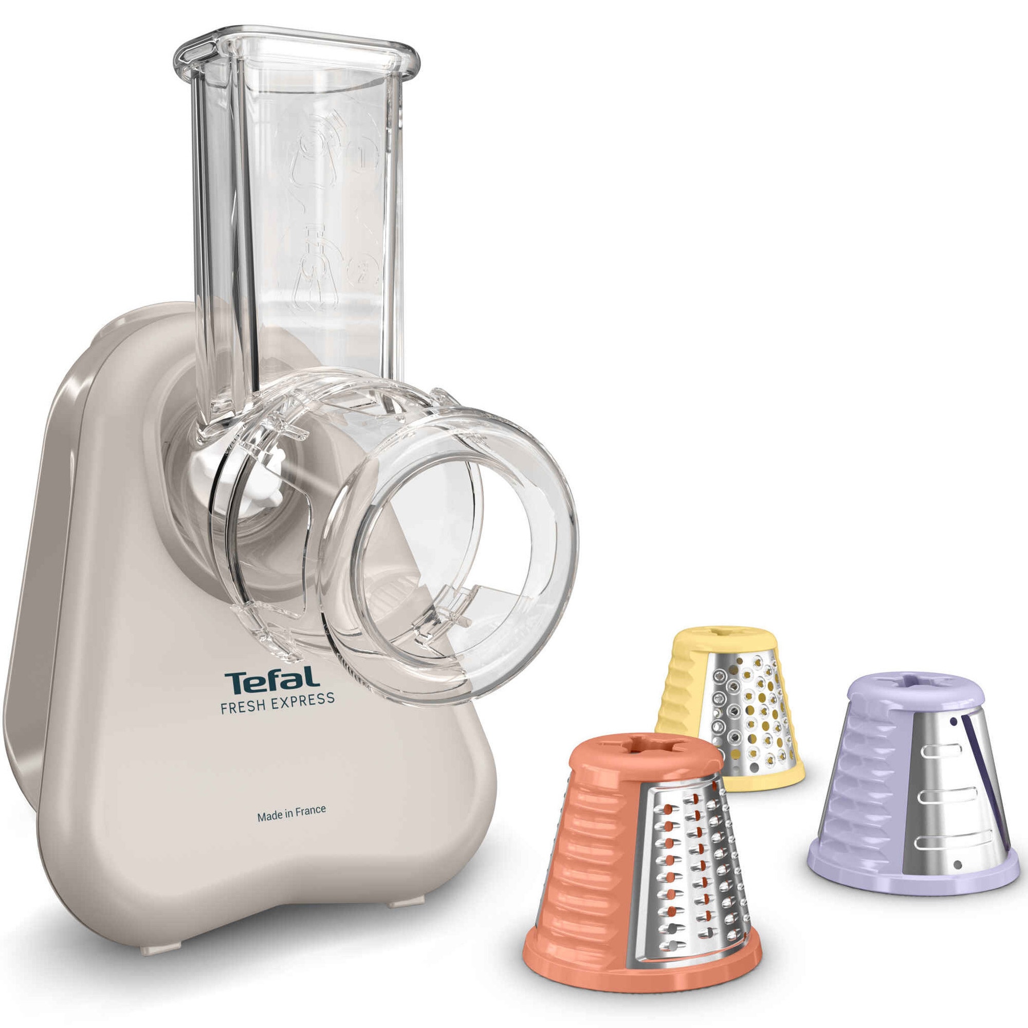 Fotografie Razatoare electrica Tefal Fresh Express DN853BE0, 150W, 3 in 1, 3 conuri detasabile pentru feliare, maruntire si taiere cuburi, compatibil masina de spalat vase, design compact, gri