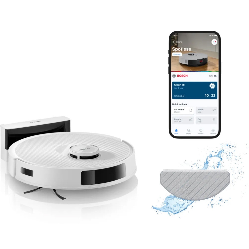 Fotografie Robot de aspirare Bosch BCRC2W, aspirare&spalare, Statie de incarcare, putere maxima 11000 PA, Navigare 360° LiDAR, Funcție Reduced Tangling, recipient praf 0.4 L, Home Connect, Alb