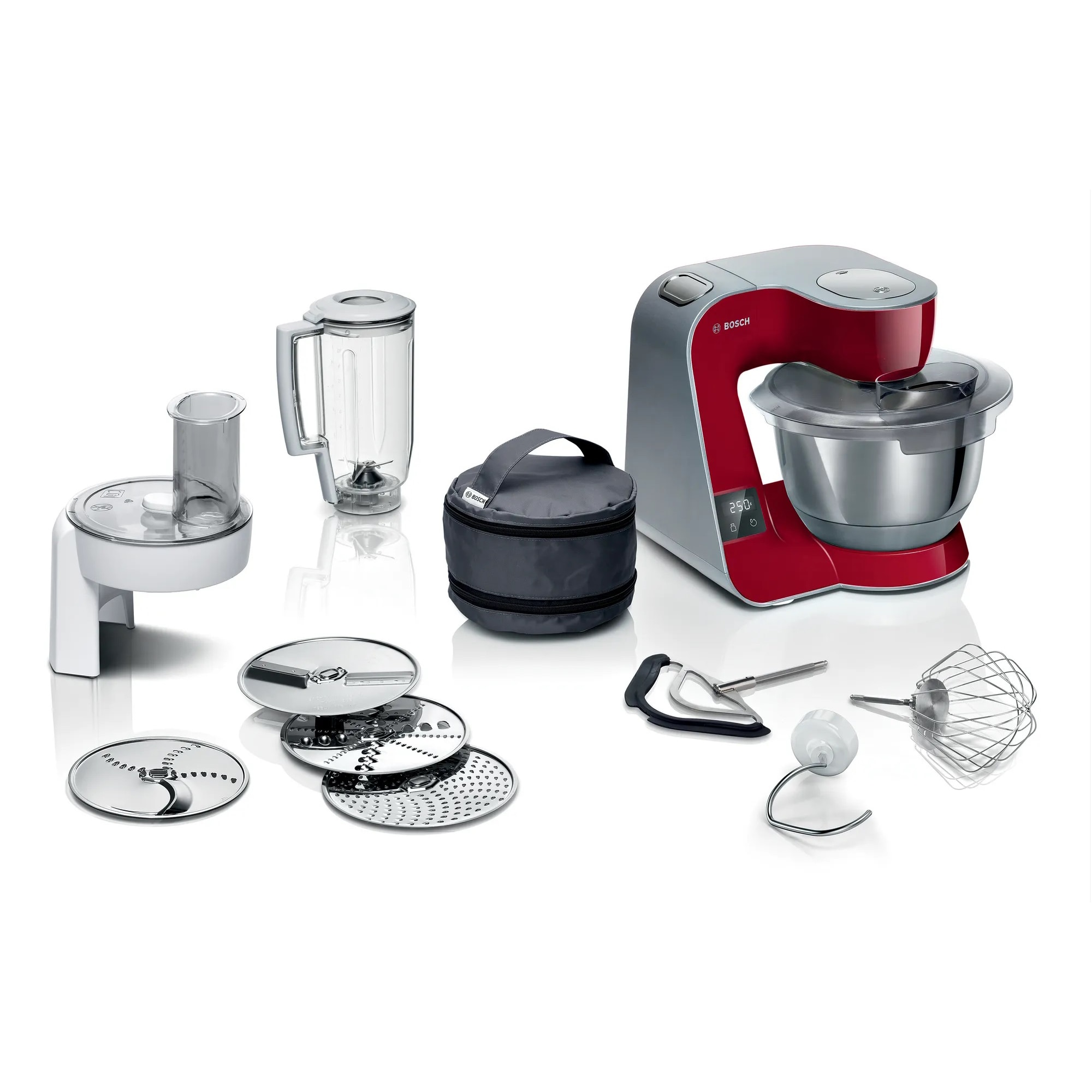 Fotografie Robot de bucatarie Bosch MUM5X720, cu cantar integrat, 1000 W, Bol otel inoxidabil 3.9 l, blender 1.25 l, 7 viteze+impulse, mixare planetara 3D, rosu