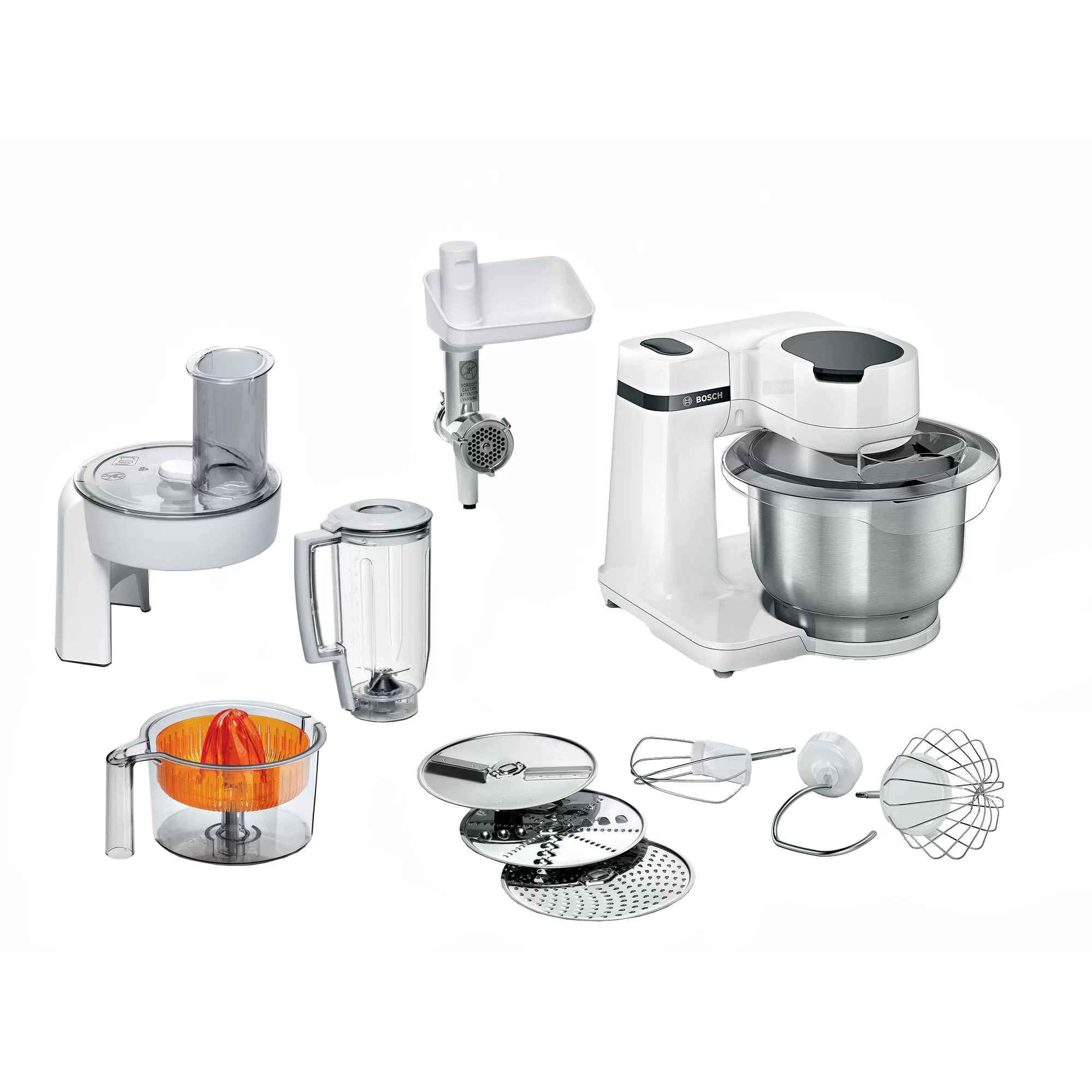 Fotografie Robot de bucatarie BOSCH Mum Serie 2 MUMS2EW40, 700 W, 3.8 l, blender 1.25 l, masina de tocat carne, 4 trepte viteza, alb