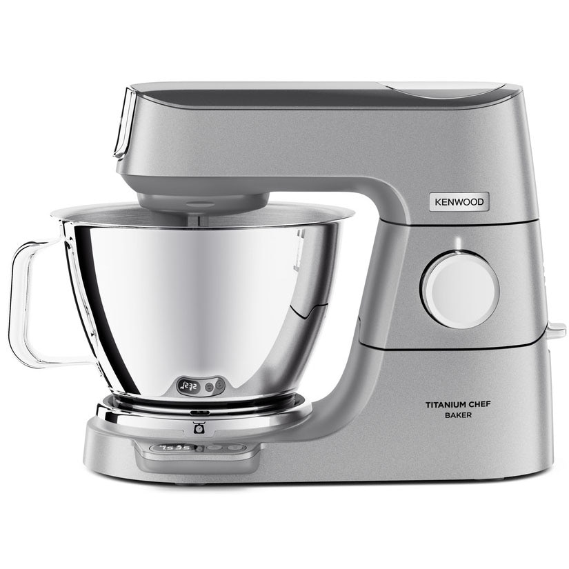 Fotografie Robot de bucatarie KENWOOD Titanium Chef Baker KVC85.594SI, 1200 W, 2 vase 5l/3.5 l, 10 trepte viteza, cantar integrat, ecran LCD, blender, masina tocat, procesor alimente, 4 accesorii patiserie, argintiu