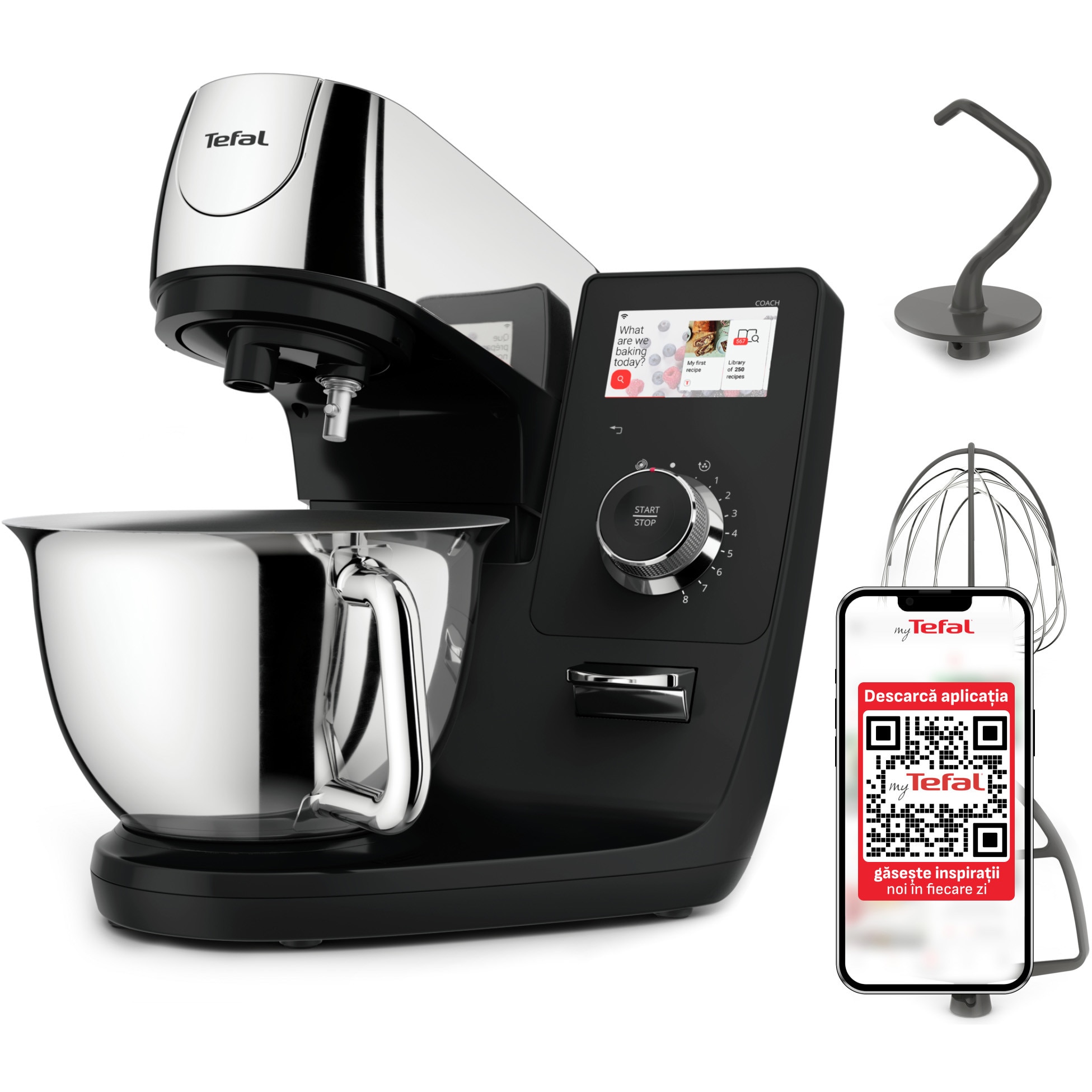 Fotografie Robot de bucatarie Tefal i-Coach Touch QB950D38, ecran tactil, 21 programe automate, 10 trepte viteza, 1200 W, 5,5 L, negru