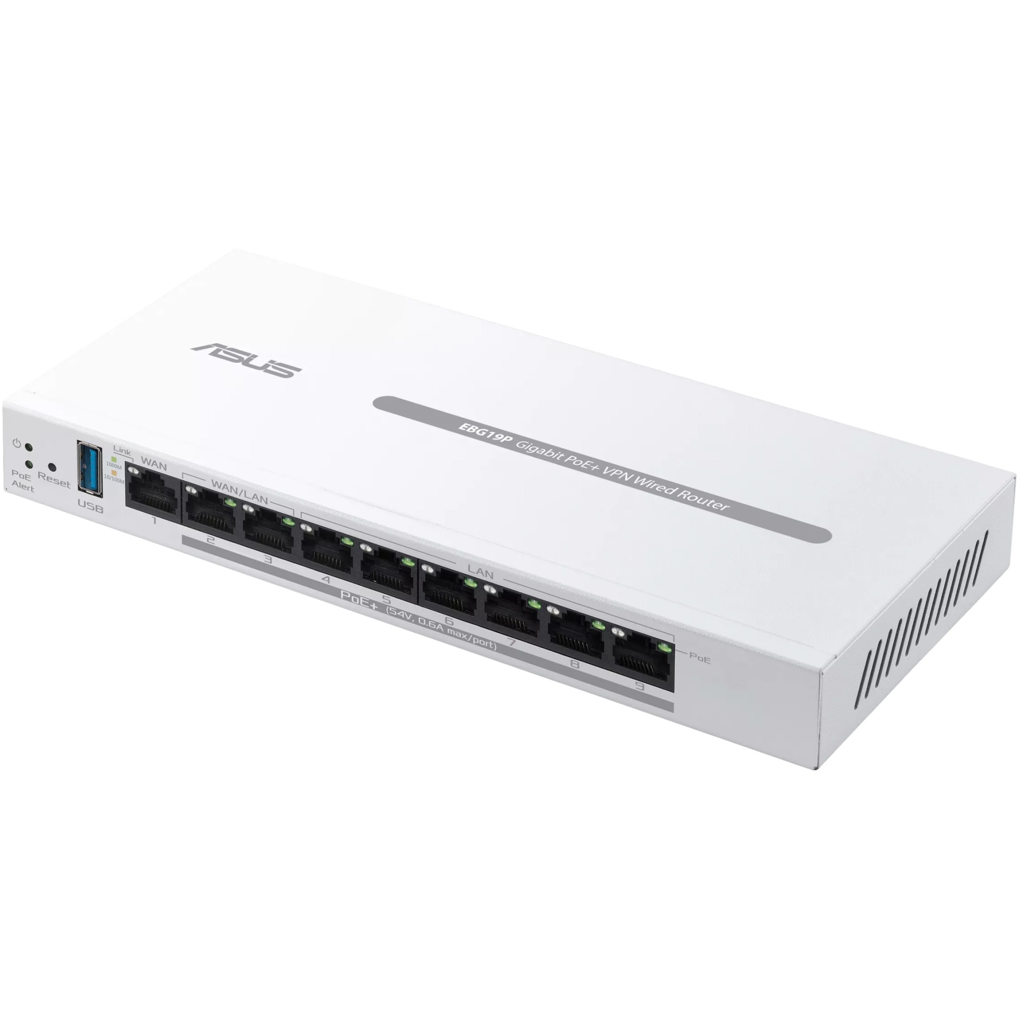 Fotografie Router PoE+ Business ASUS ExpertWiFi EBG19P, 8 porturi PoE+, 123W, 1 gigabit WAN+2 gigabit WAN/LAN, USB 3.2, control centralizat PoE, SDN, guest portal customizat, Multi-WAN, Load Balance, Commercial-Grade Network Security & VPN, AiMesh, montare perete
