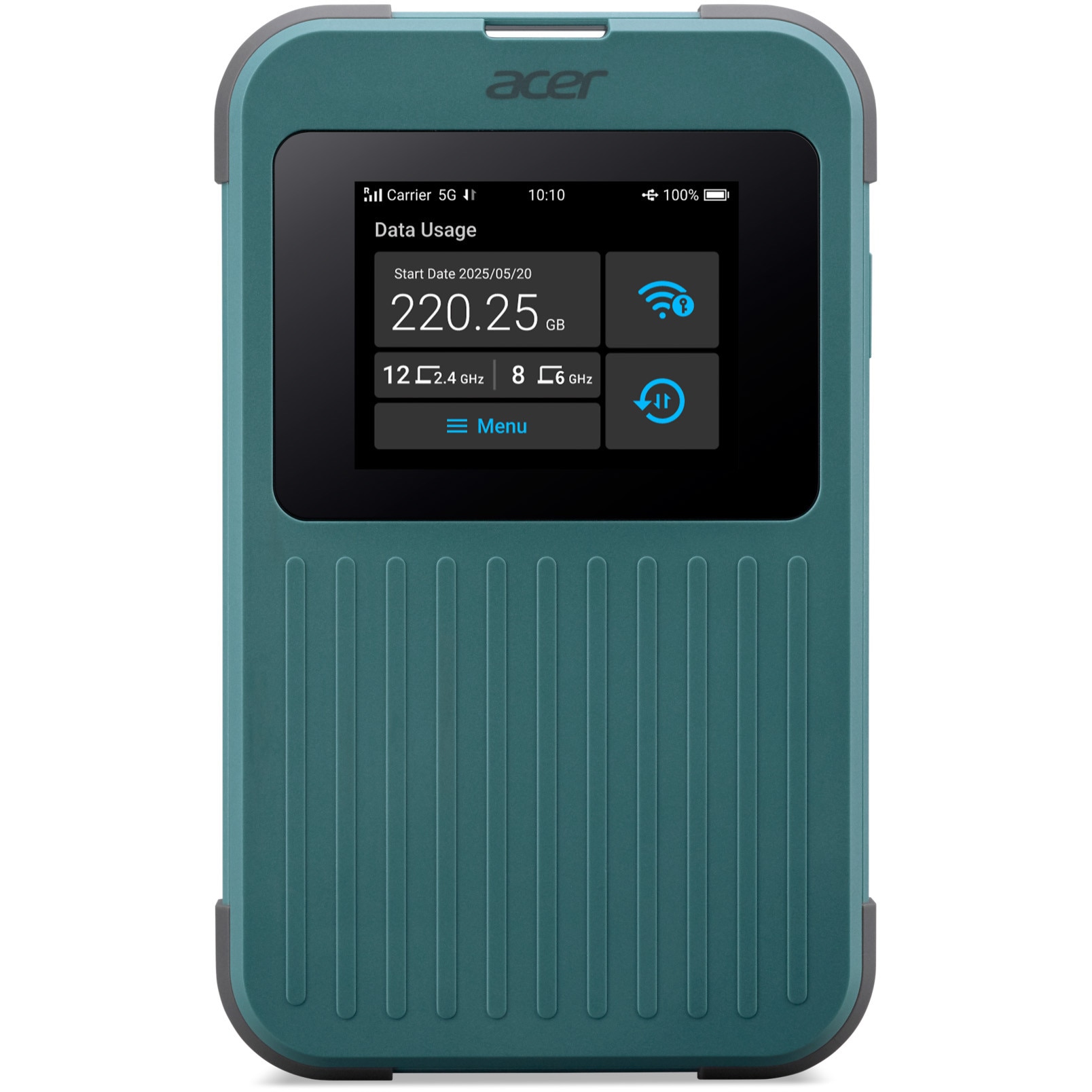 Fotografie Router Wireless Acer Connect M4 5G Mobile Wi-Fi, IP68, MIL-STD-810H, 5G NR & 4G LTE, Wi-Fi 6E 2x2 MIMO, 2.4” Color LCD Touchscreen, Max 16 utilizatori conectati, Baterie 8000mAh, USB-C 3.0, Verde