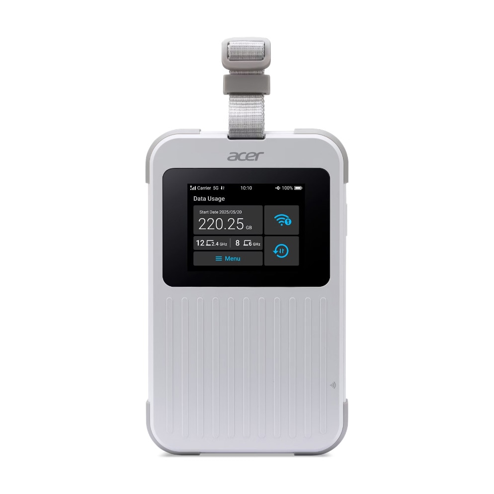 Fotografie Router Wireless Acer Connect M6E 5G Mobile Wi-Fi, 2.4” Color TFT Touch, 5G NR & 4G LTE, 2x2 MIMO, MTK 24M Octa Core 2.5Ghz CPU, 16GB eMMC, 4GB LPDDR4X, MIL-STD-810H, IP68, Baterie 8000 mAh, NFC, USB Type-C, Open VPN Client, 20GB International Data
