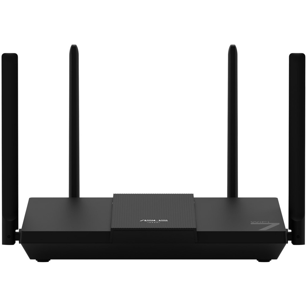 Fotografie Router Wireless ASUS RT-BE50, Dual-Band WiFi 7 BE3600, 688+2882 Mbps, Quad-Core, 4 Antene Externe, 1× 2.5G WAN, 3× Gigabit LAN, AiMesh, OFDMA, Beamforming, WPA3, ASUS Router App, Negru