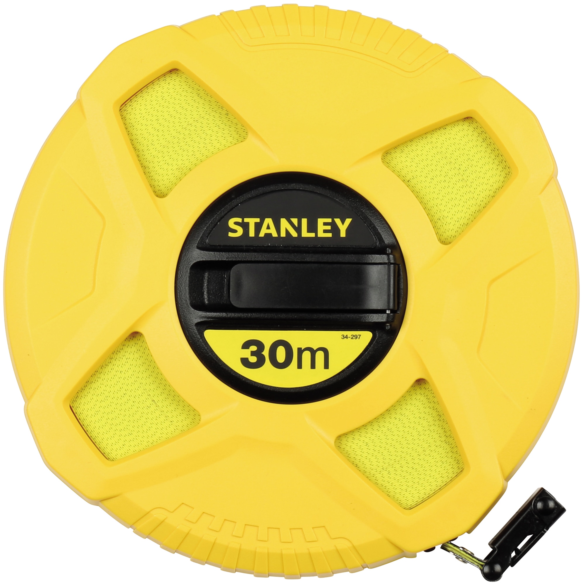 Fotografie Ruleta 30m cu banda din fibra de sticla Stanley 0-34-297, banda rezistenta la coroziune, protejata UV, non-conductiva, foarte rezistenta la conditiile de pe santier, carcasa inchisa din ABS de inalt impact pentru a rezista in conditii de lucru severe