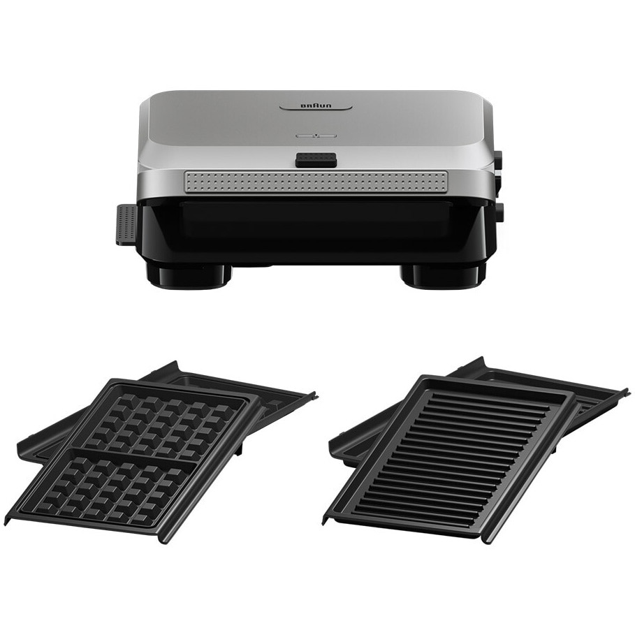Fotografie Sandwich-maker BRAUN SM5006, 800W, 2 seturi placi detasabile, invelis antiaderent premium, tava colectare grasime, argintiu-negru