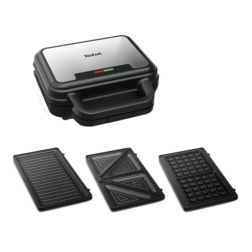 Fotografie Sandwich maker Tefal UltraCompact 3 in 1 SW383D10, 700W, placi detasabile pentru gofre, sandwich-uri si panini, invelis antiaderent, negru & argintiu