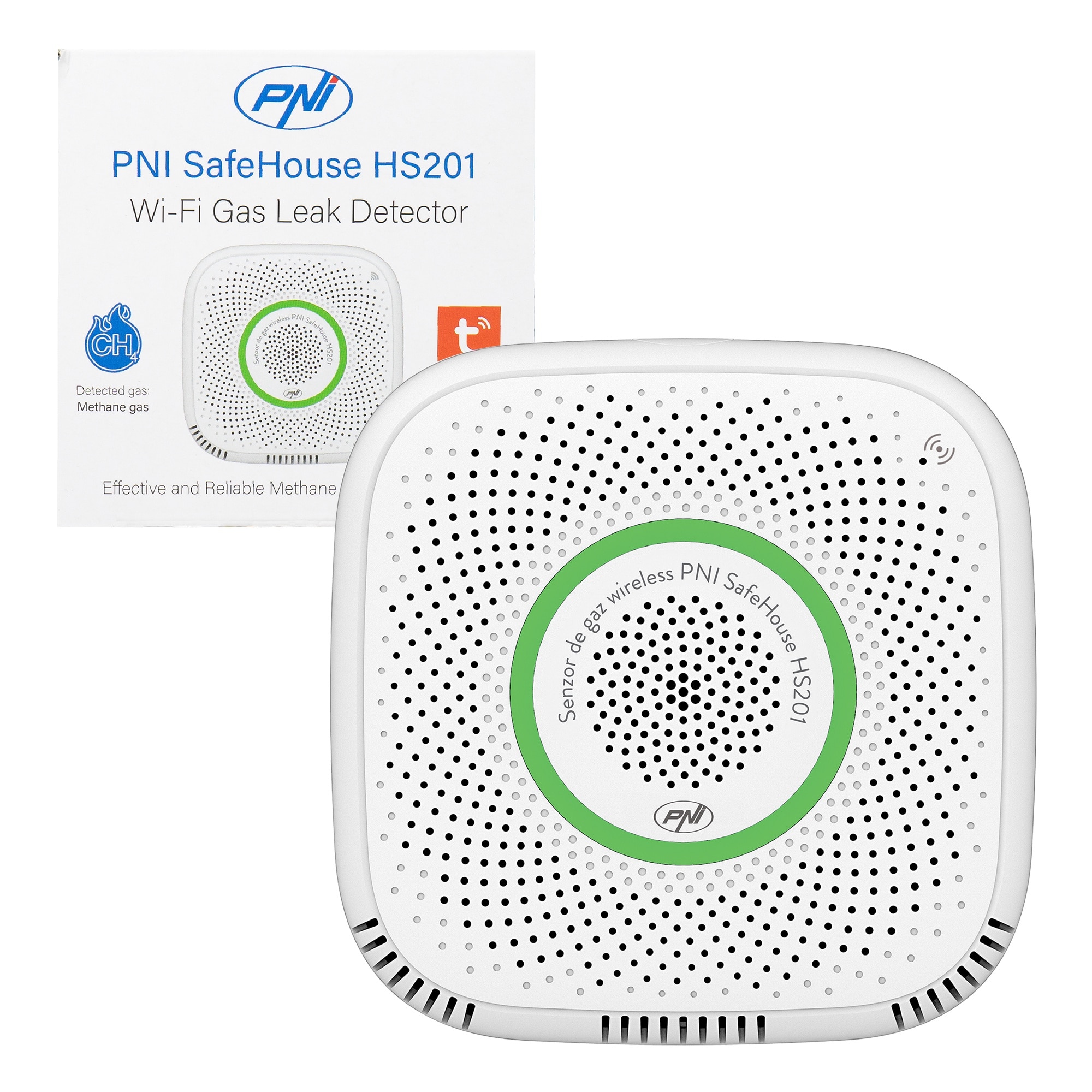 Fotografie Senzor de gaz metan (CH4) PNI SafeHouse HS201 cu Wi-Fi, control din aplicatia Tuya Smart, alimentare 230V, 70dB, prompt vocal, alarma sonora si vizuala