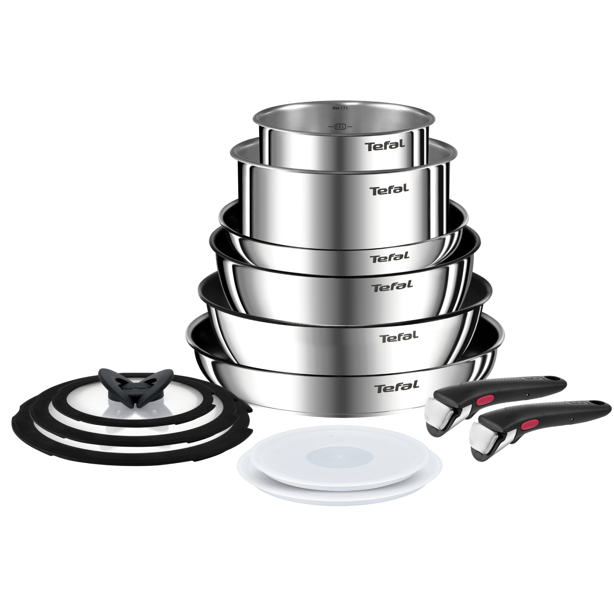 Fotografie Set 13 piese Tefal Ingenio Emotion, oala 16 / 20 cm, tigaie 22 / 24 / 28 cm, wok 26 cm, 2 manere detasabile, capace sticla 16 / 20 / 24 cm, capace ermetice 16 / 20 cm, invelis antiaderent, inductie, argintiu