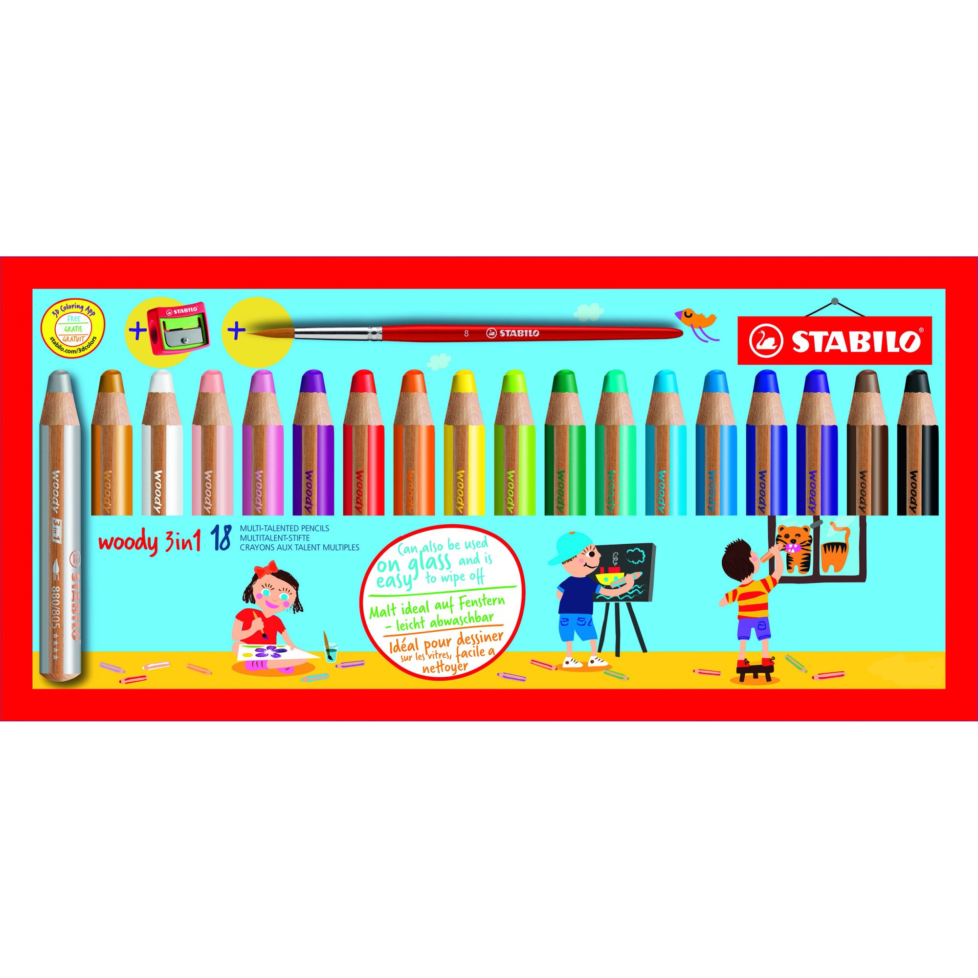 Fotografie Set 18 creioane colorate Stabilo Woody 3in1, portofel carton + ascutitoare, pensula
