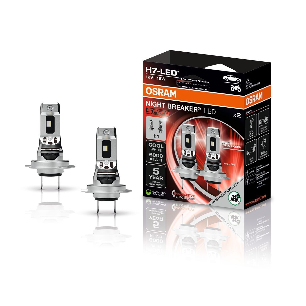Fotografie Set 2 Becuri Led H7 Osram Speed Night Breaker Led +330%
