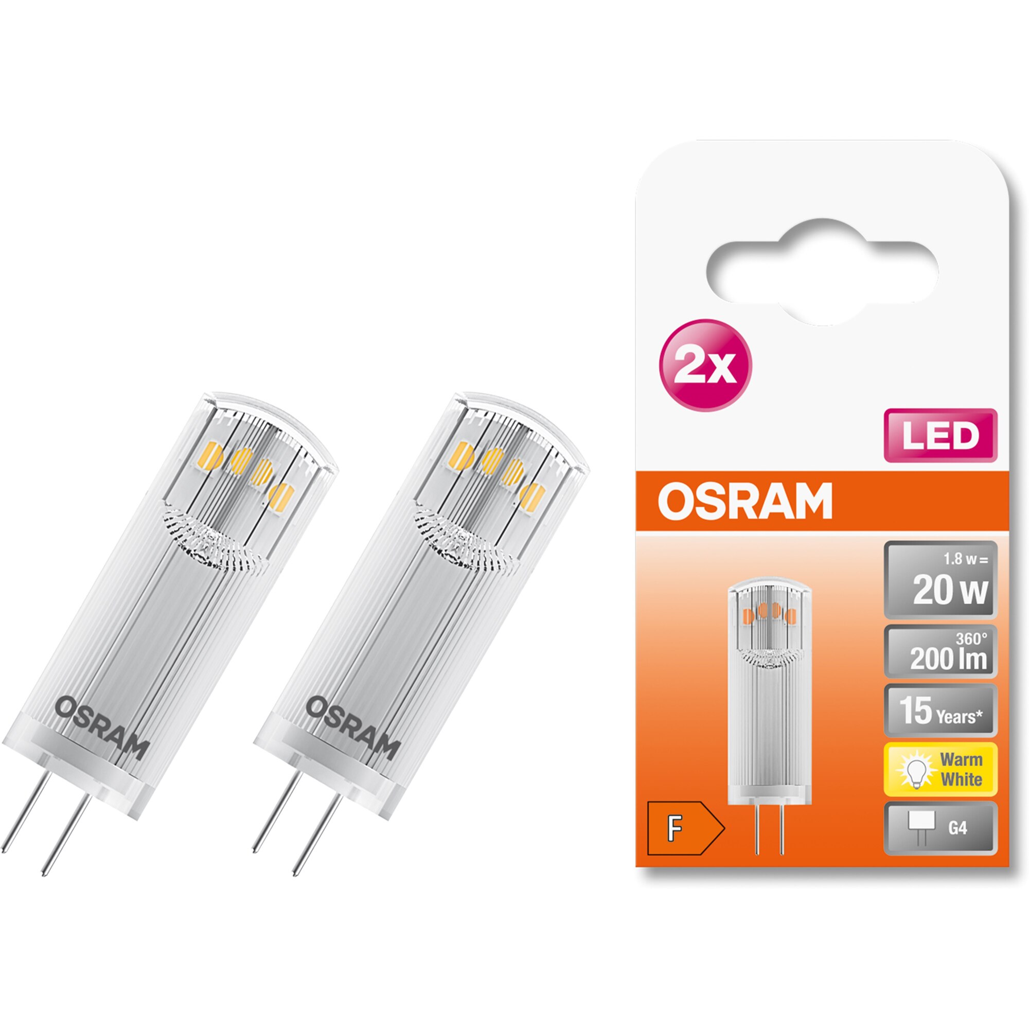 Fotografie Set 2 becuri LED Osram Star PIN G4, 12 V, 1.8W, 200 lm, lumina calda (2700K), clasa energetica F