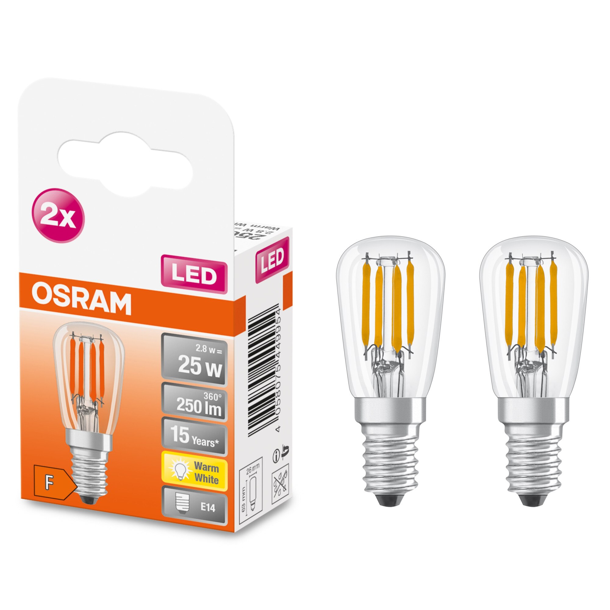 Fotografie Set 2 becuri LED Osram T26 Filament E14 2.8W(25W), 250 lm, lumina calda (2700K), clasa energetica F