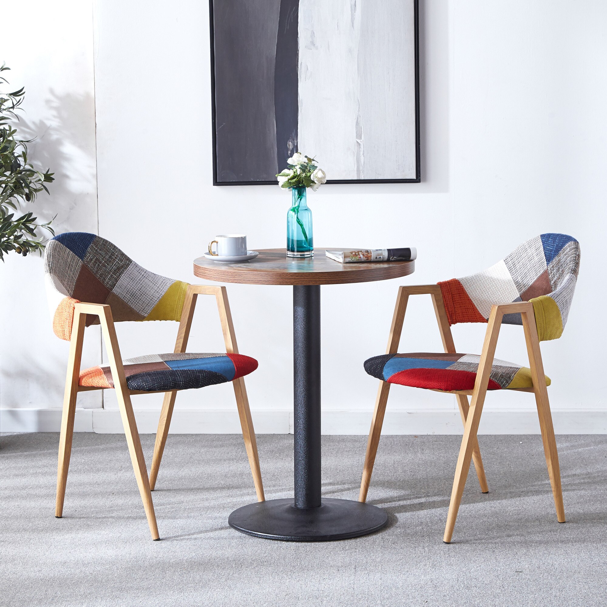 Fotografie Set 2 scaune tapitate dining / bucatarie Kring Accent, cu brate, model patchwork, metal/material textil, Multicolor