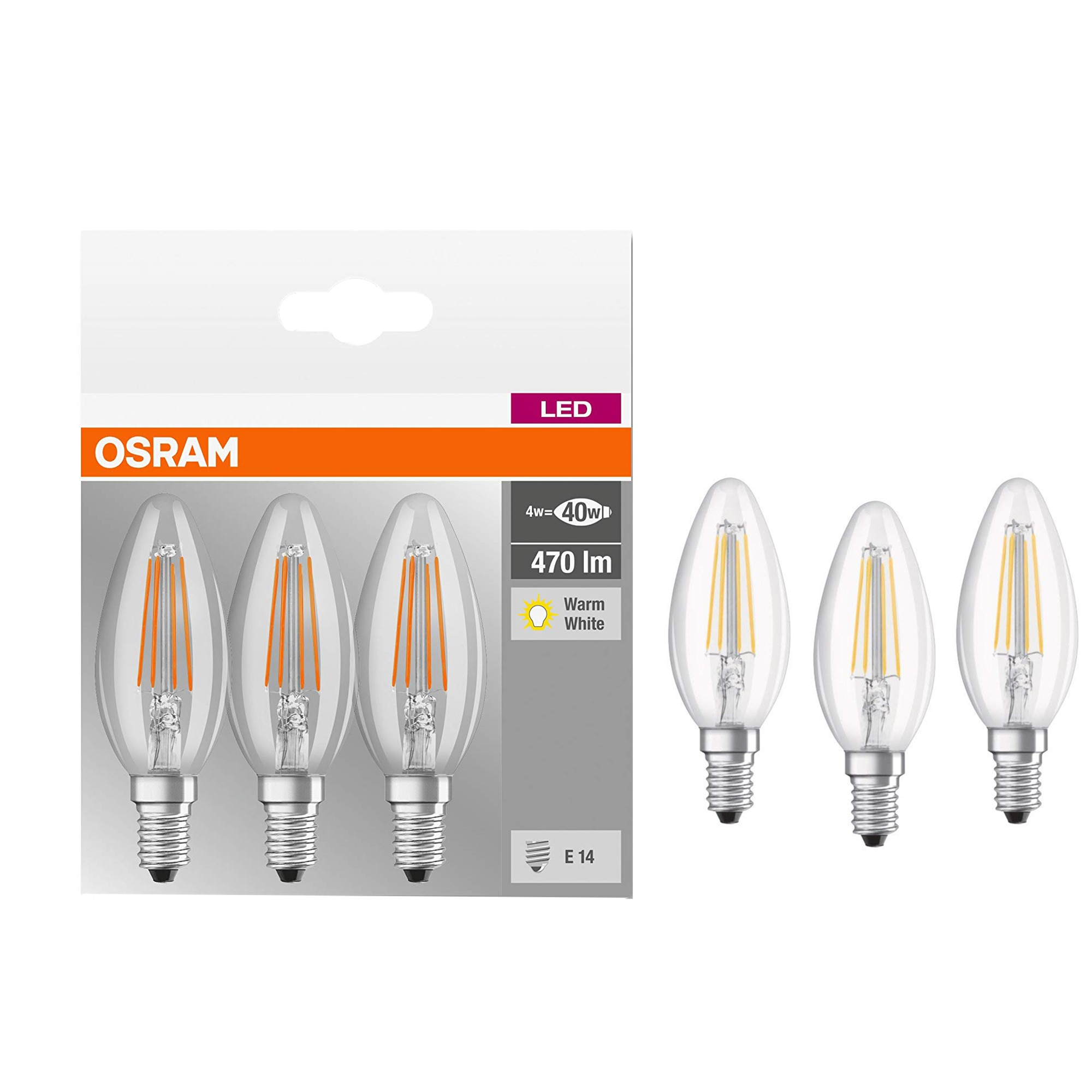 Fotografie Set 3 becuri LED Osram Base Filament B40, E14, 4W (40W), 470 lm, lumina calda (2700K), clasa energetica E