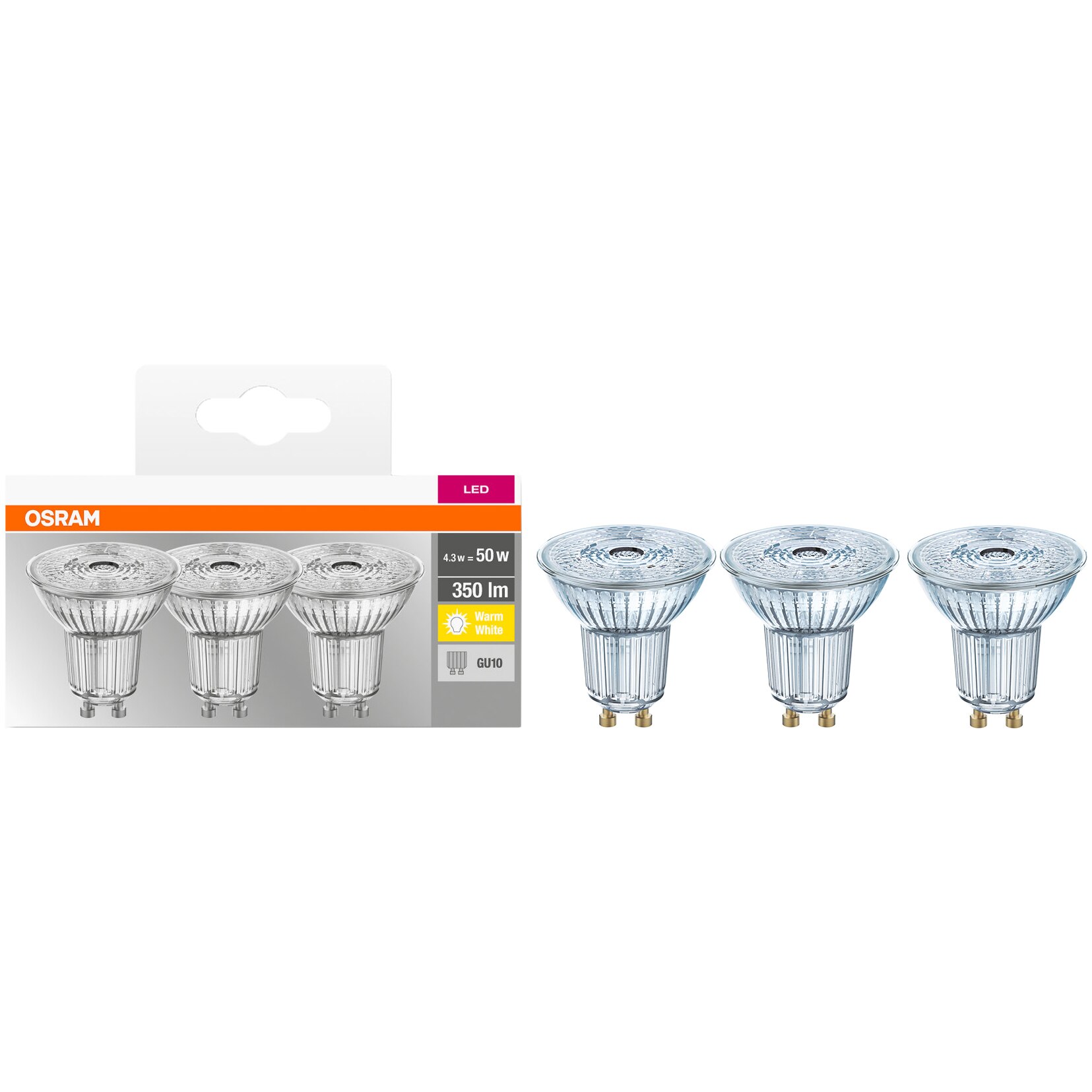 Fotografie Set 3 becuri LED Osram Base Par16 50, GU10, 4.3W (50W), 350 lm, lumina calda (2700K), clasa energetica F