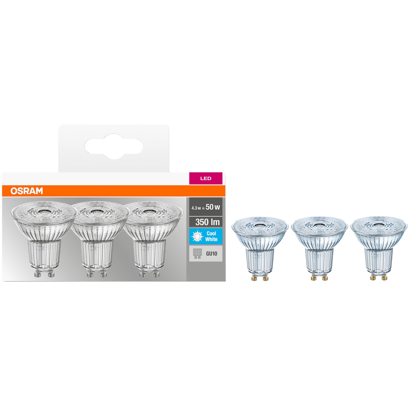 Fotografie Set 3 becuri LED Osram Base Par16 50, GU10, 4.3W (50W), 350 lm, temperatura lumina (4000K), clasa energetica F